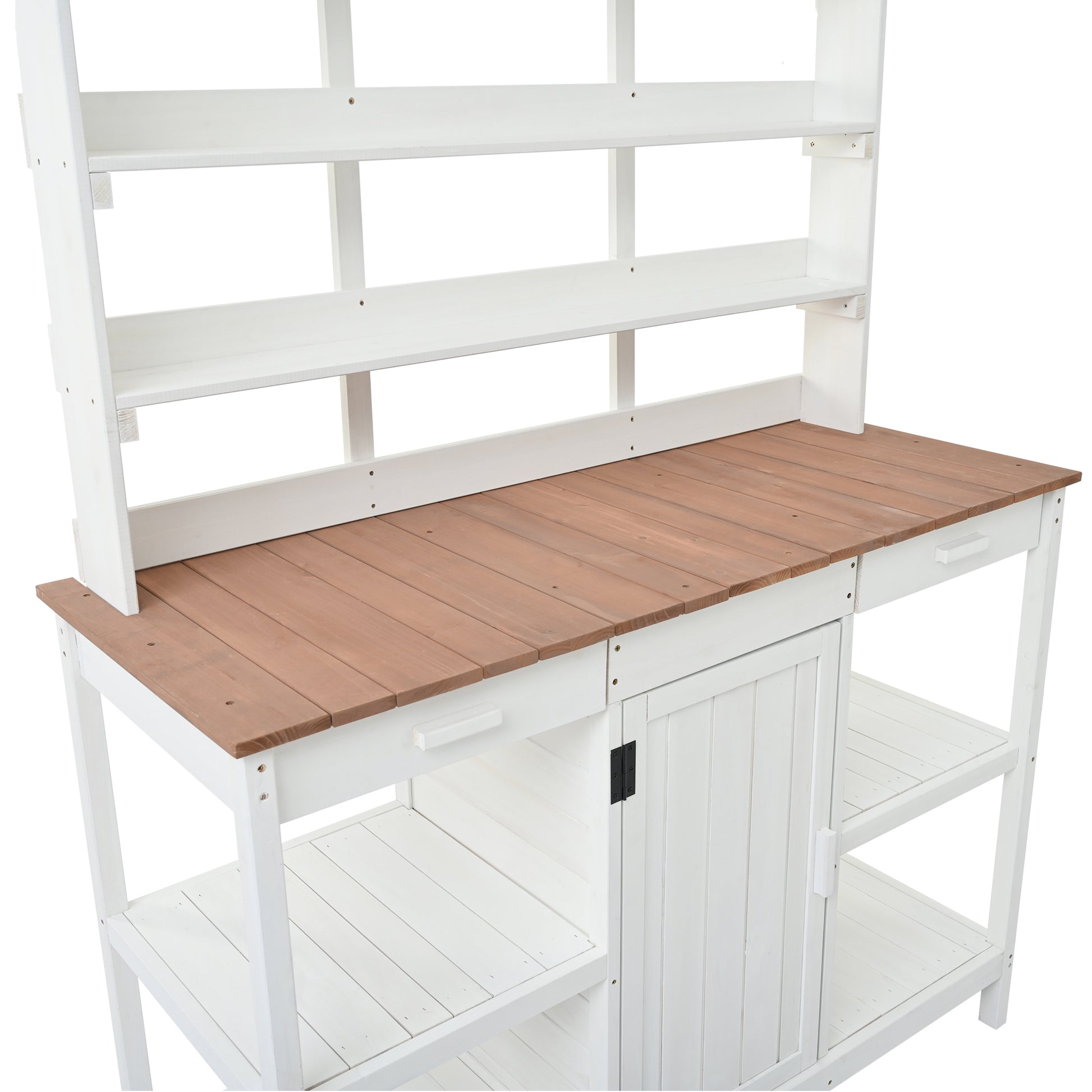 66" Large Outdoor Farmhouse Wooden Potting Bench Table, Garden Workstation With 2 Drawers, Cabinet And Open Shelves For Backyard, Mudroom, White White Garden & Outdoor Casual Wood Solid Wood