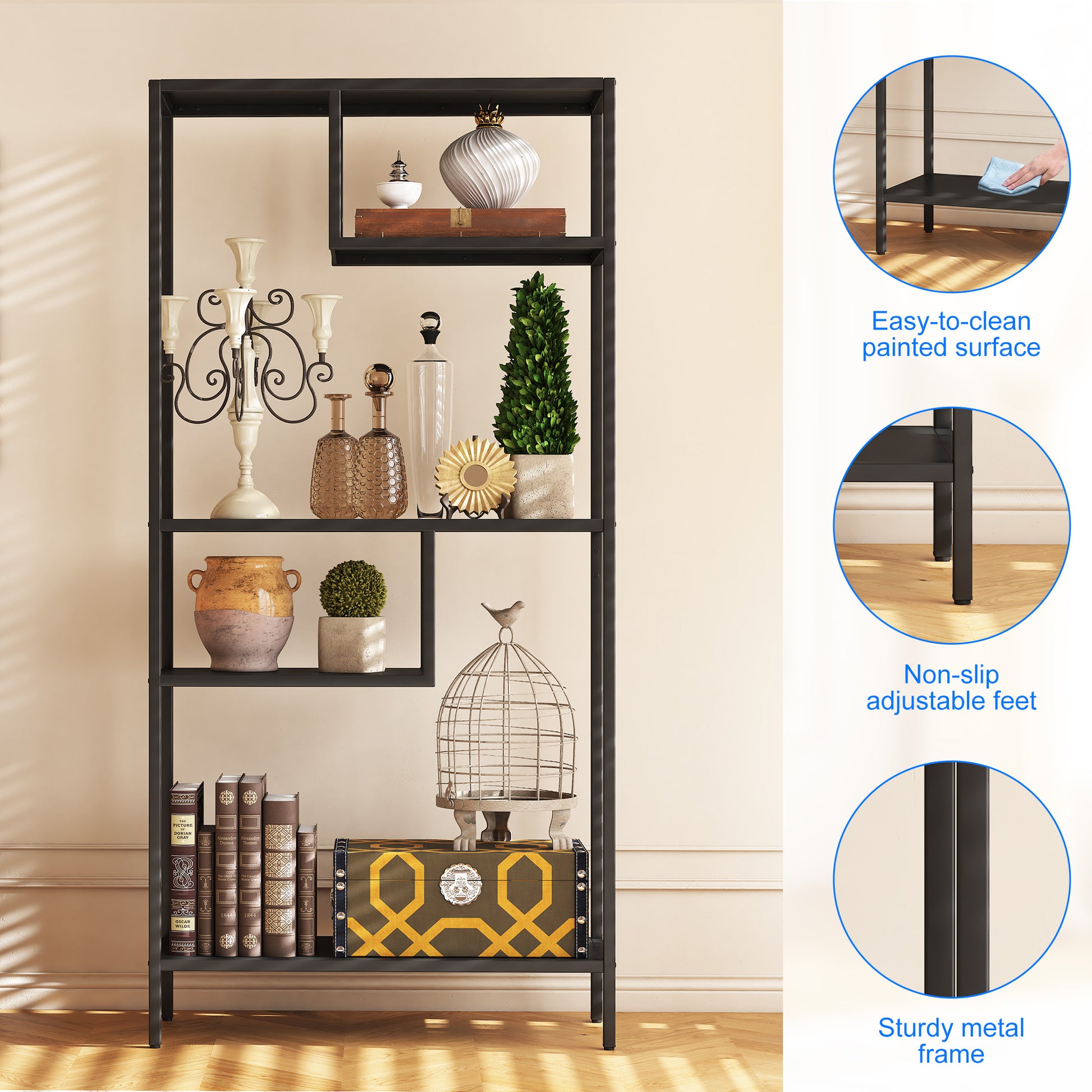 Modern Storage Shelf With 4 Compartments & Metal Legs, Freestanding Organizer,Book Shelves Display Shelves For Living Room, Bedroom, Home Office 4 Black Standard Primary Living Space Open Back Metal