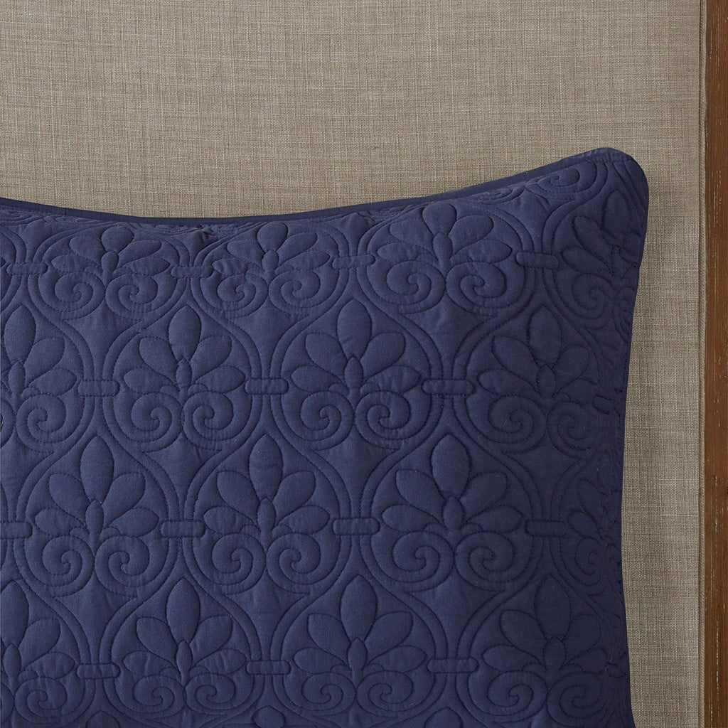3 Piece Split Corner Pleated Quilted Bedspread Navy Queen Navy Polyester