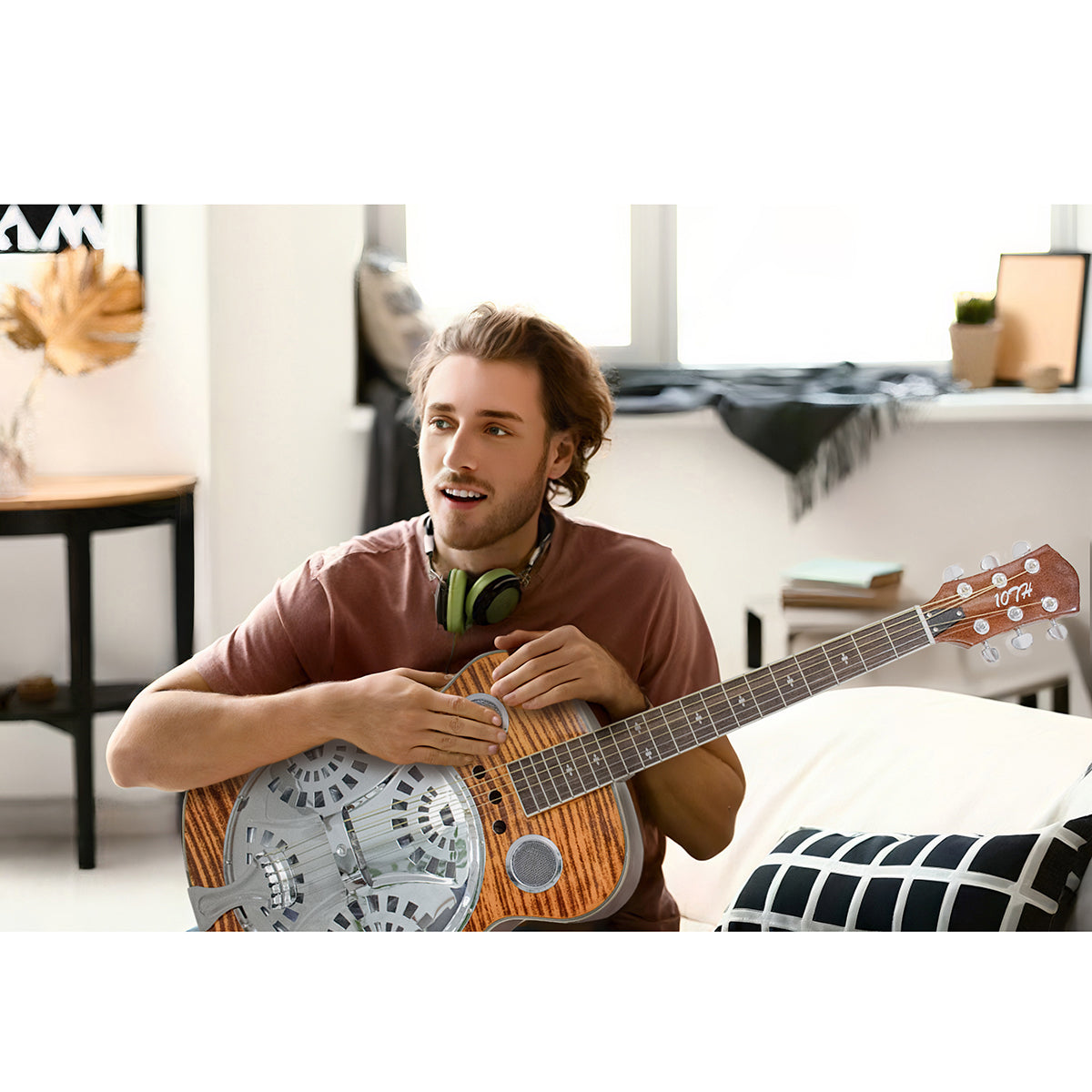 Beginner Metal Resonator Guitar, Full Size Circular Neck Traditional Resonator, Built In Preamplifier Tiger Wood