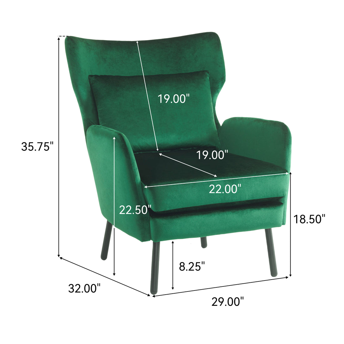 Wing Back Velvet Accent Chair, Modern Living Room Armchair Comfy Upholstered Single Sofa Chair For Bedroom Dorms Reading Reception Room With Metal Legs & Pillow, Green Green Velvet