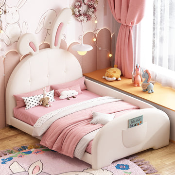 Twin Size Upholstered Rabbit Shape Princess Bed ,Twin Size Platform Bed With Headboard And Footboard,White Old Sku: Wf311629Aak White Pu