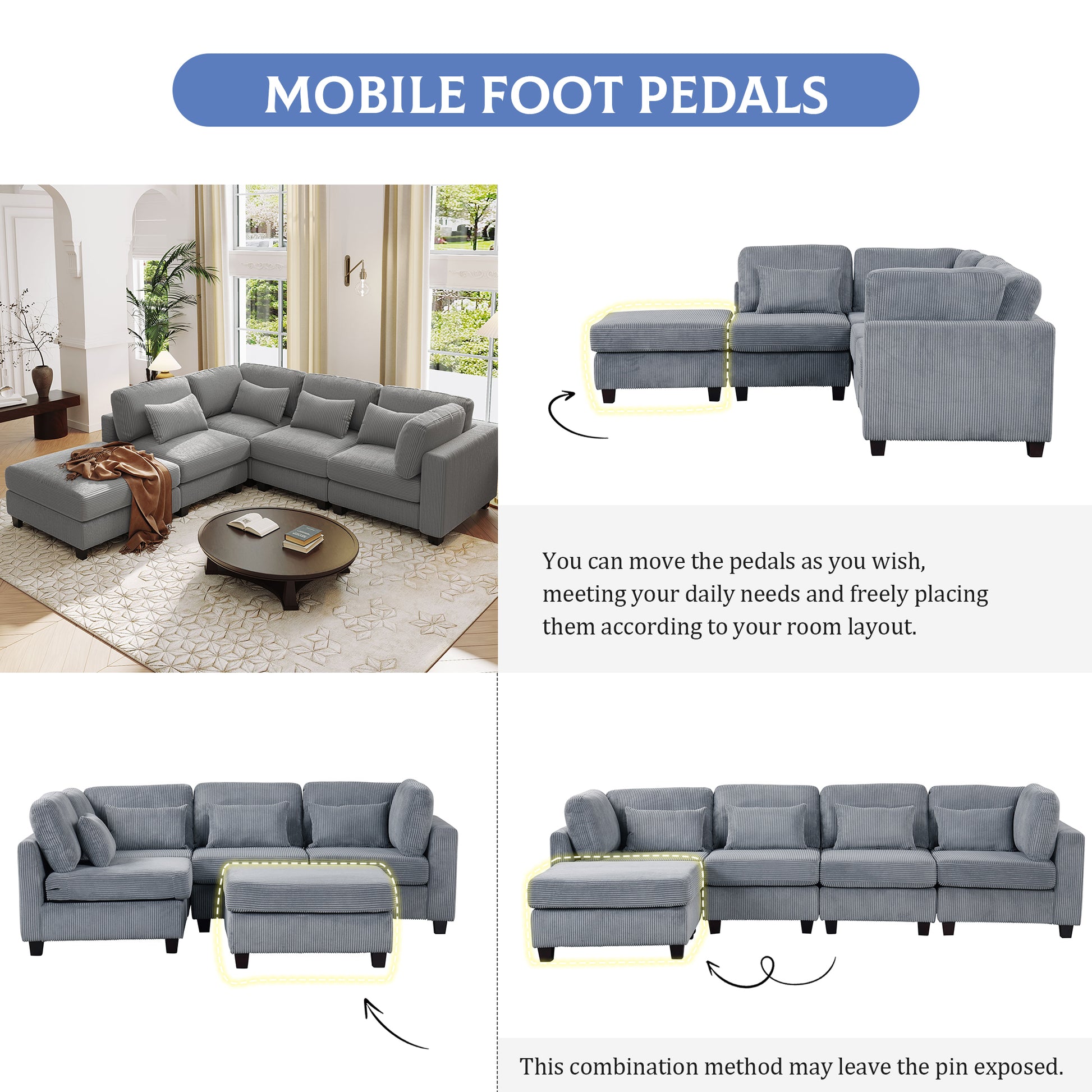 5 Pieces L Shaped Sofa With Removable Ottomans And Comfortable Waist Pillows Grey Polyester 5 Seat