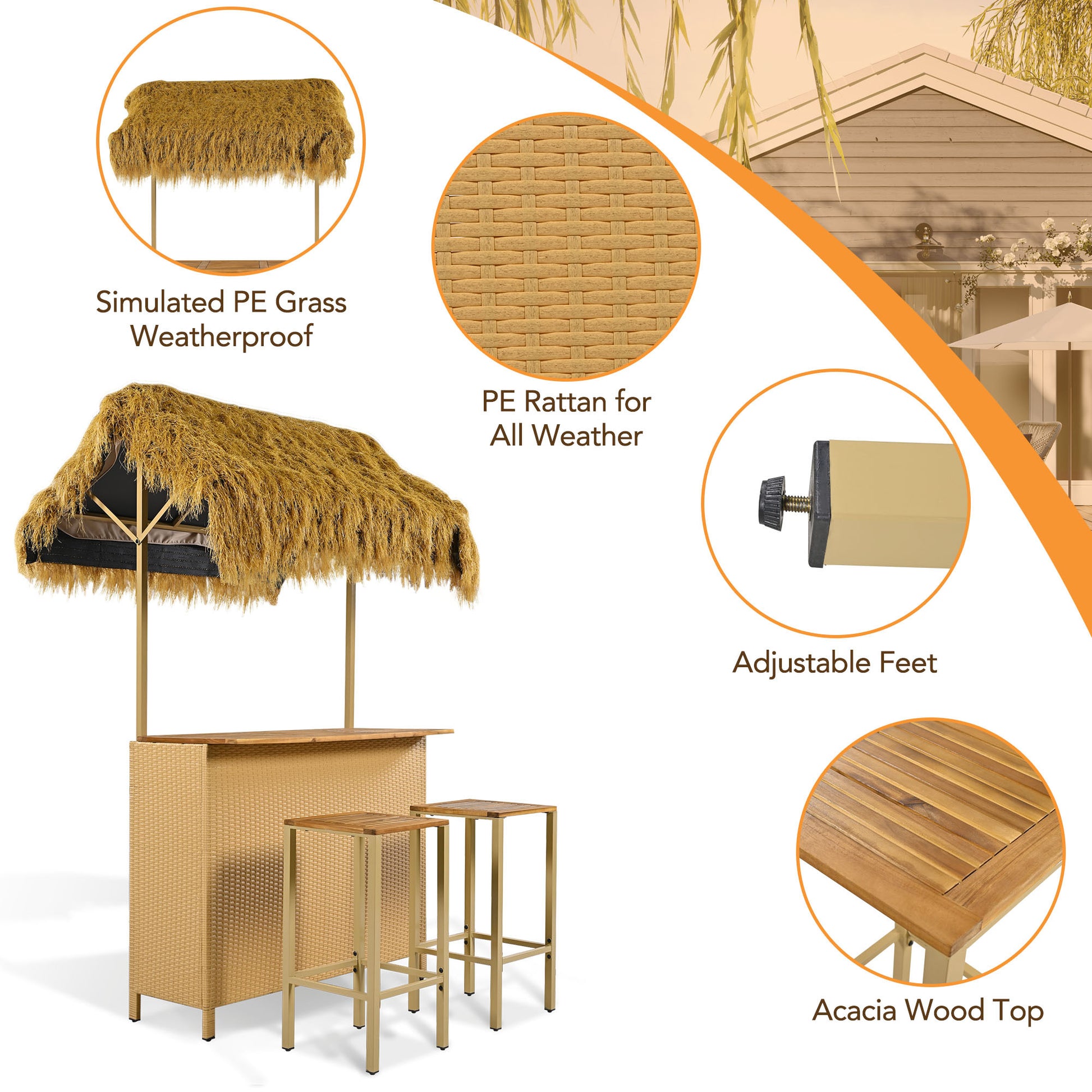 Hawaiian Style Bar Height Patio Set With Pe Grass Canopy, Outdoor Bar Table And Stools With Adjustable Feet, Acacia Wood Top, For Dining And Drinking, Natural Antique Natural Seats 2 Garden & Outdoor Wicker