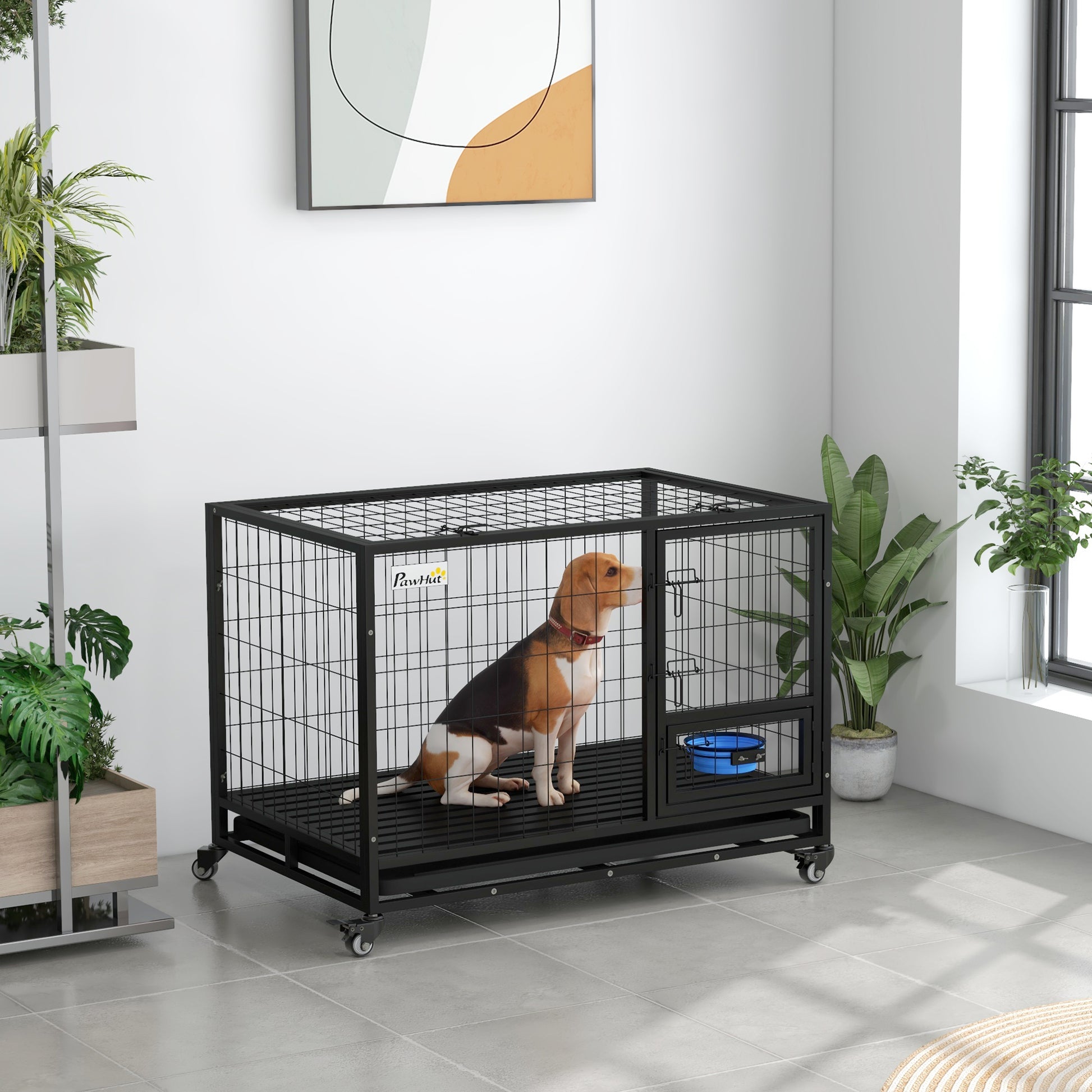 Pawhut 43" Heavy Duty Dog Crate With Bowl Holder, Strong Steel Dog Crate With Wheels, Detachable Door, Openable Top And Removable Tray For Large And Extra Large Dogs, Black Black Steel