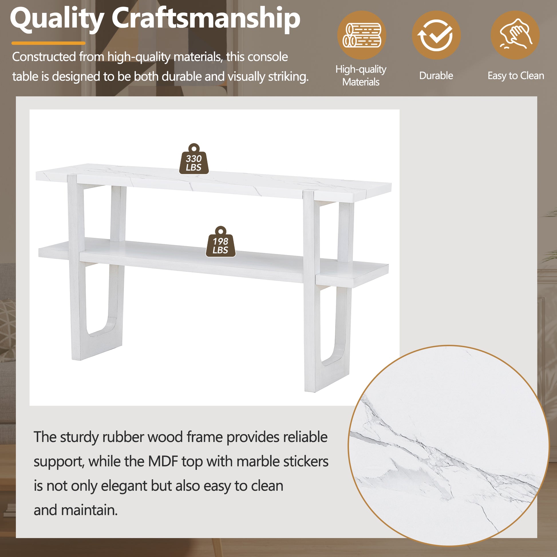 Retro Elegant Console Table With Marble Effect Top And Versatile Storage Solutions For Entryway And Living Room Antique White Antique White Solid Wood Mdf