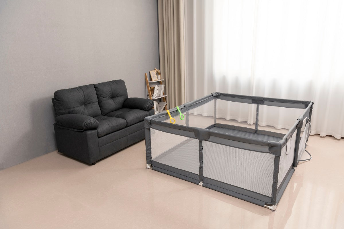 Fabric Baby Playpen, Baby Fence Play Area With Anti Slip Base Gray Fabric Metal