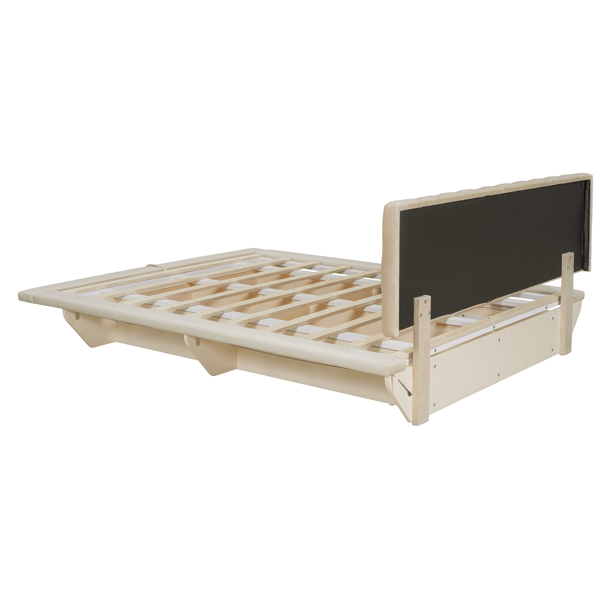 Queen Size Upholstered Floating Bed With Led Light And Usb Port, Velvet, Beige, Hydrualic Platform Bed Queen Beige Velvet