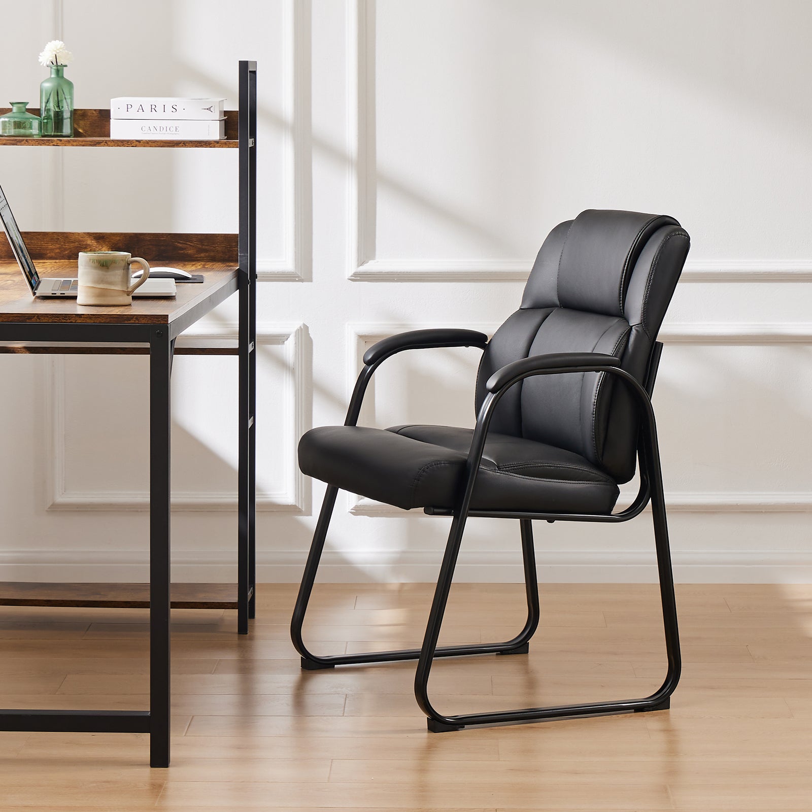 Leather Office Guest Chair No Wheels, Comfy Padded Arms And Seld Base, For Reception Conference Room Black Stainless Steel