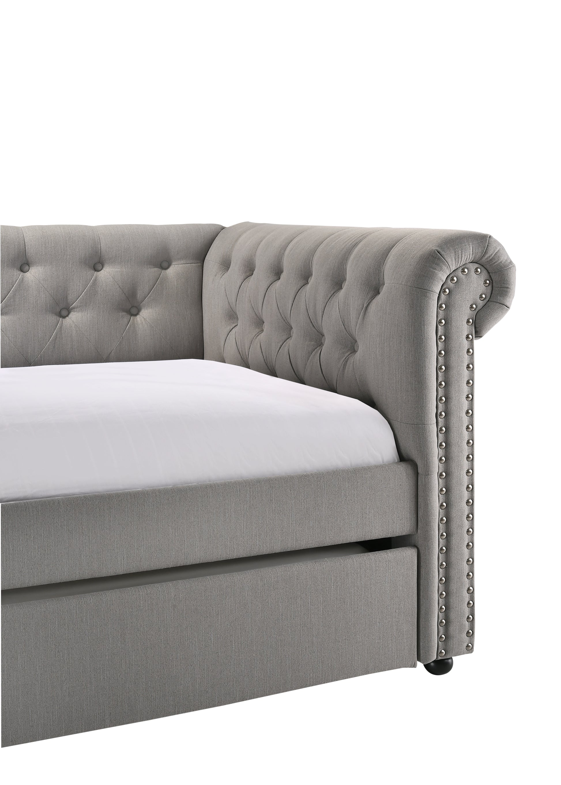 Luxurious 1Pc Modern Aesthetic Beautifully Button Tufted Trim Design Daybed Built In Pull Out Trundle Bed Living Space Guest Room Bedroom Dove Gray Twin Gray Wood Modern Solid Wood
