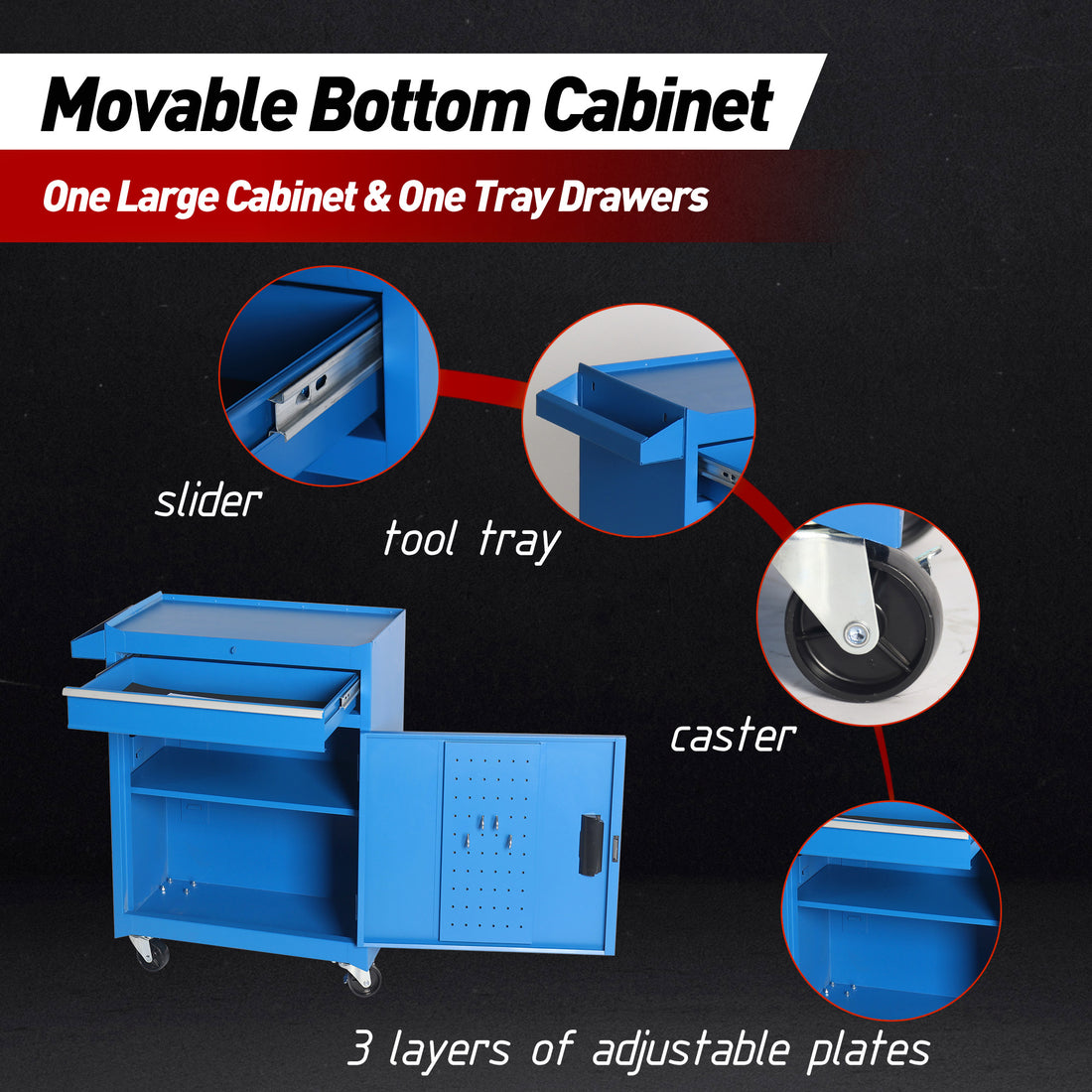 Tool Chest, 5 Drawer Rolling Tool Storage Cabinet With Detachable Top Tool Box, Liner, Universal Lockable Wheels, Adjustable Shelf, Locking Mechanism, Metal Tool Cart For Garage Workshop Blue Steel