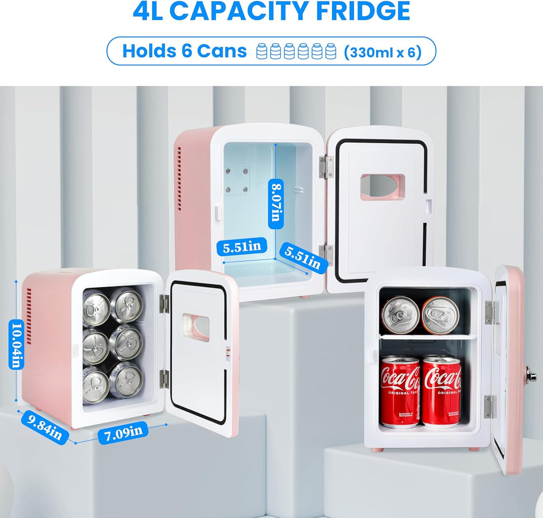 4L Portable Mini Fridge Warmer And Cooler Six 12Oz Cans Compact Refrigerator, 100% Freon Free & Eco Friendly, 4 L, Pink Pink Polypropylene