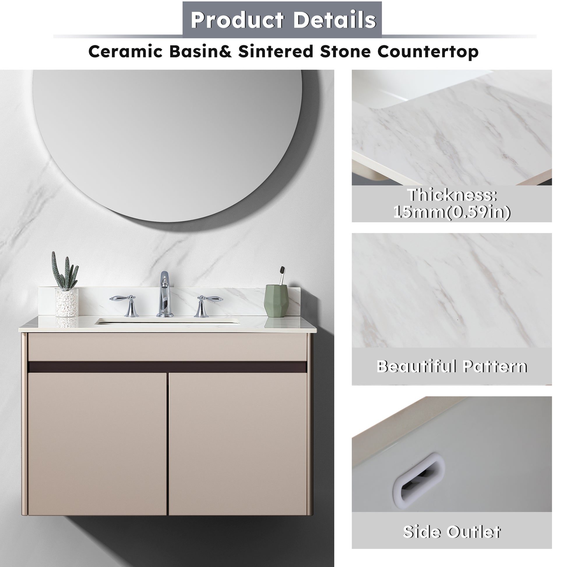 37 Inch Marble Vanity Top, White Vanity Top With Pre Drilled Faucet Holes, Bathroom Vanity Top With Undermount Rectangular Middle Sink And 4" Height Backsplash, Bianco Carrara Venato White Bathroom Sintered Stone