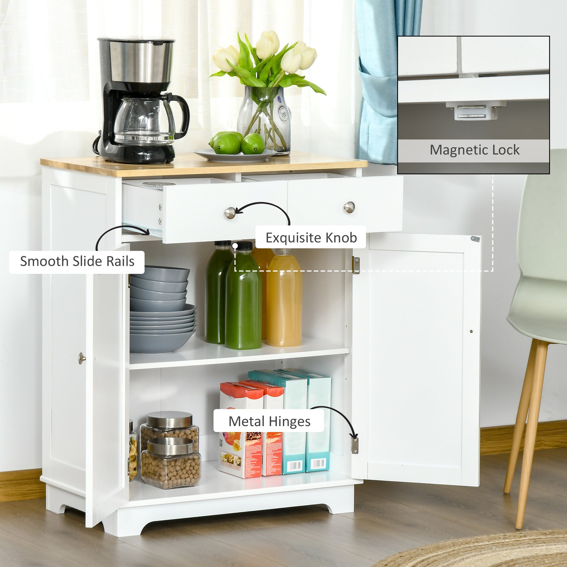 Homcom Sideboard Buffet Cabinet, 2 Doors Door Kitchen Cabinet, Coffee Bar Storage With 2 Drawers, Adjustable Shelf For Living Room And Hallway, White White Mdf
