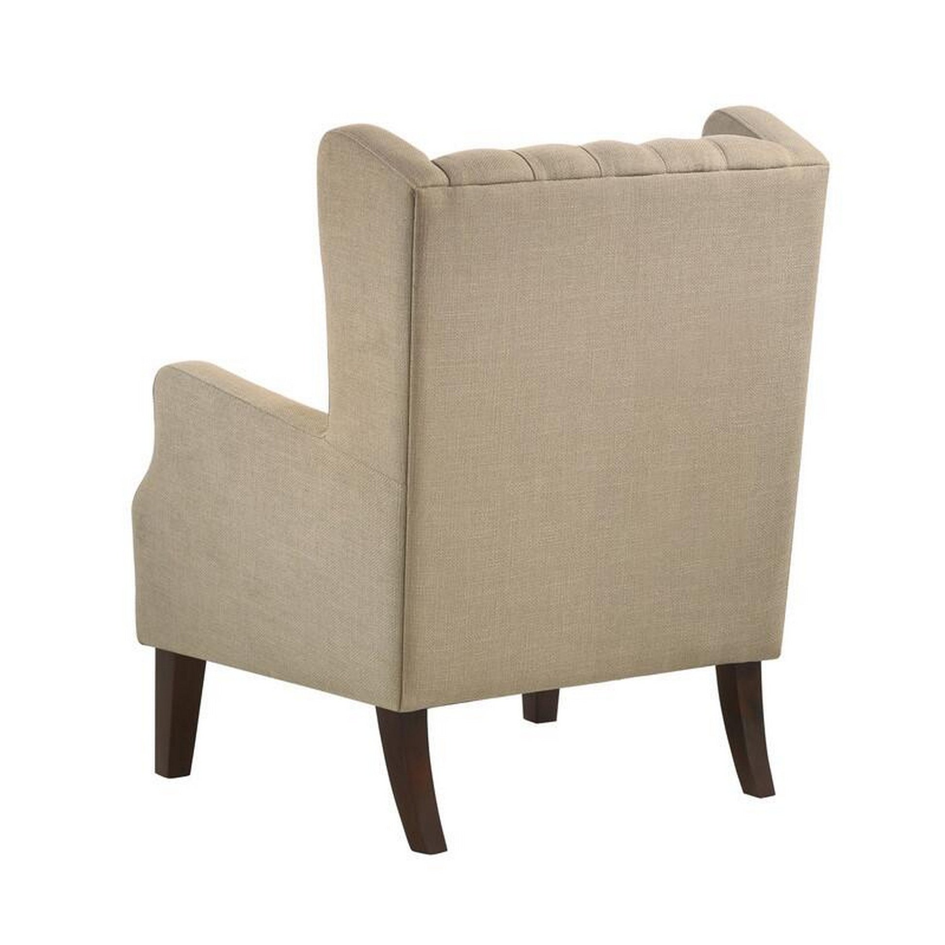 Keva 31 Inch Accent Chair, Deep Button Tufted Wingback, Soft Beige Fabric Beige Wood Fabric