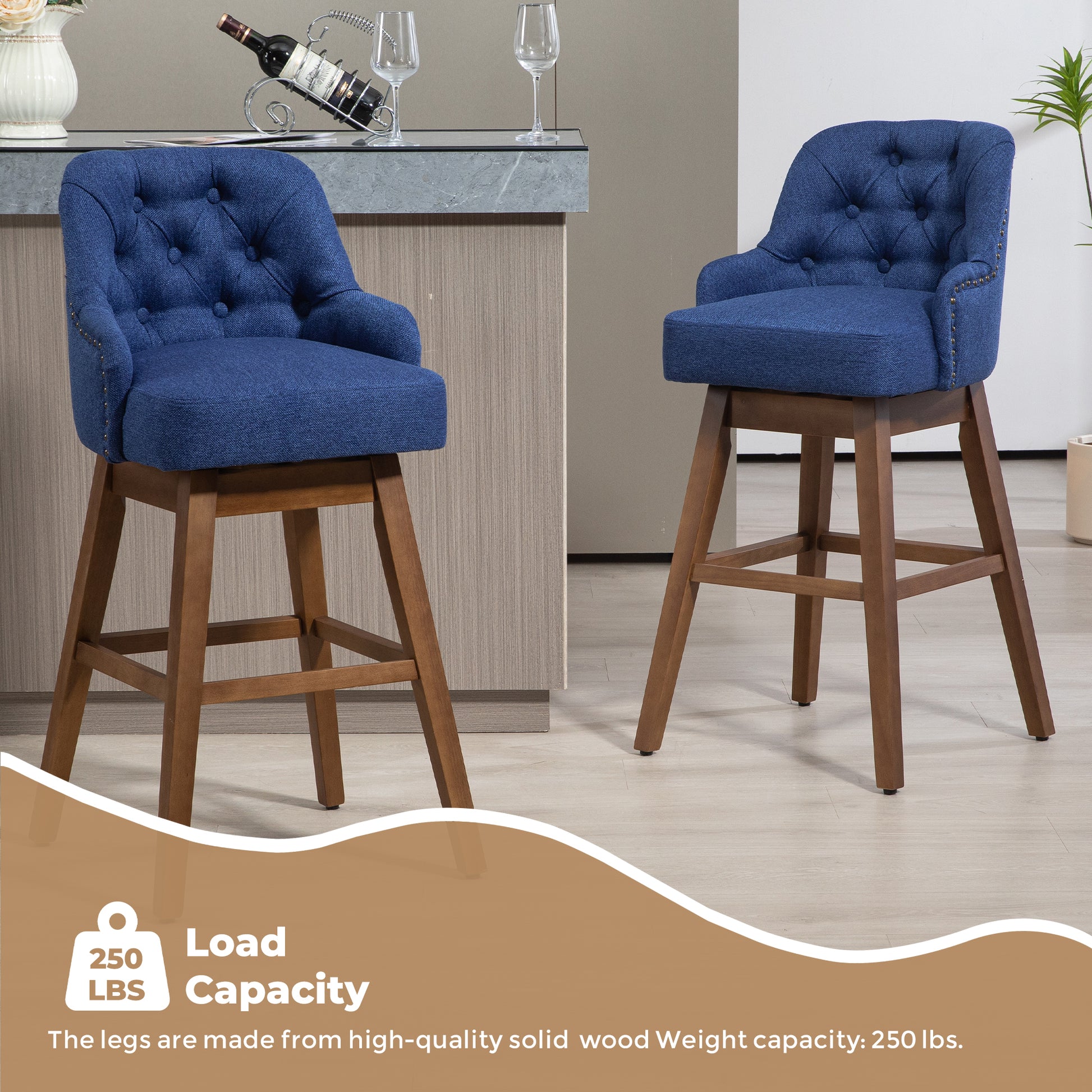 Coolmore Bar Stools Set Of 2 Counter Height Chairs With Footrest For Kitchen, Dining Room And 360 Degree Solid Wood Legs Swivel Bar Stools Set Of 2 Navy Linen Navy Foam Linen