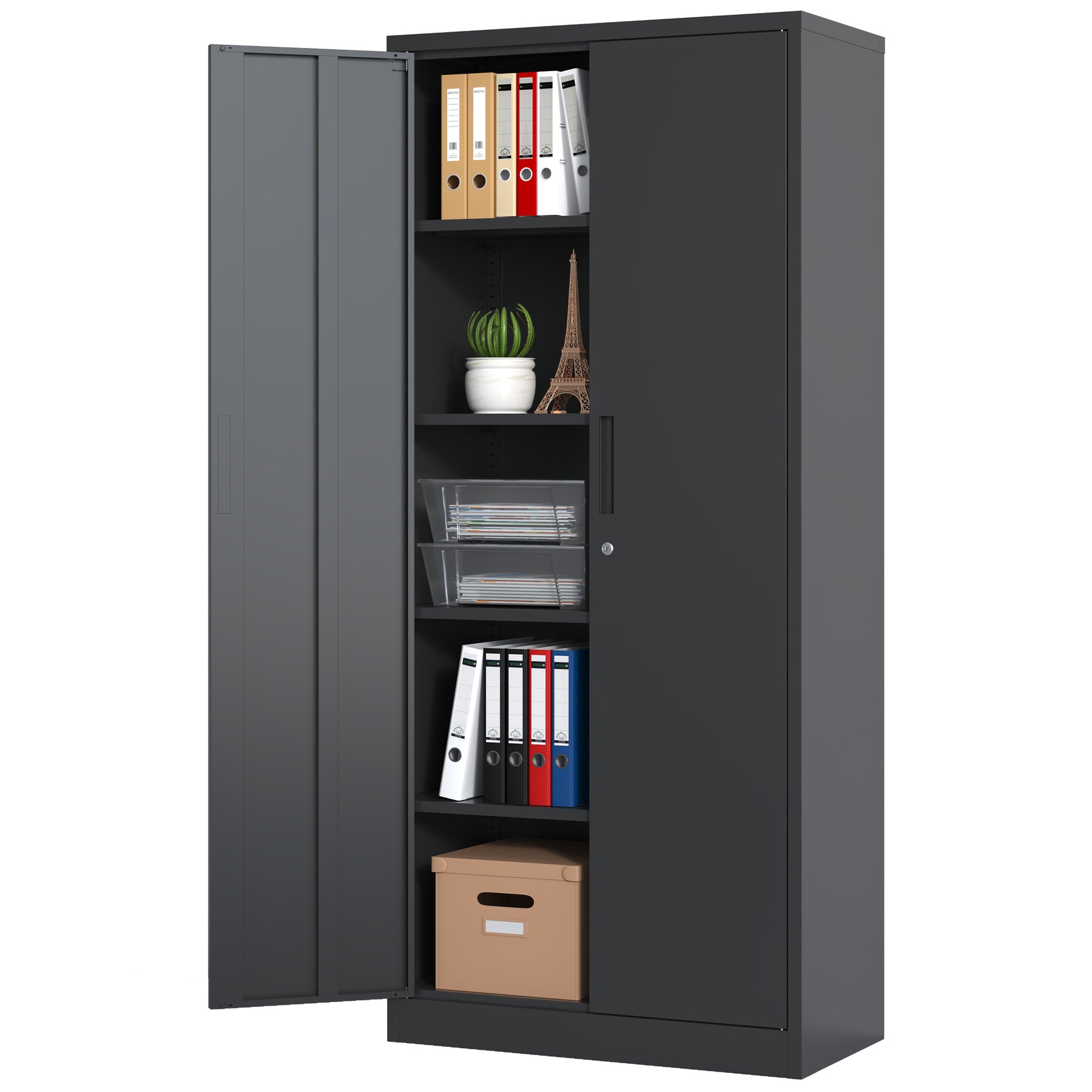 72"H Metal Garage Storage Cabinet, Black Tool Steel Locking Cabinet With Doors And 4 Shelves, Tall Cabinets For Garage Storage Systems Lockable File Cabinet For Home Office, Classroom Pantry Filing