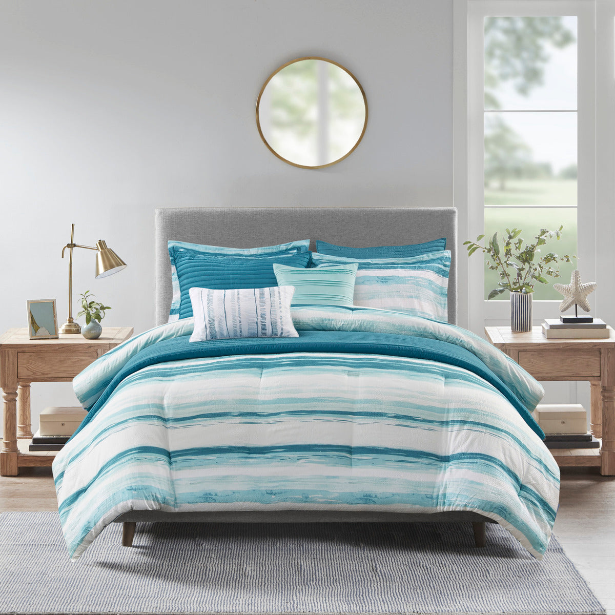 8 Piece Printed Seersucker Comforter And Quilt Set Collection Aqua King Cal King King Aqua Polyester