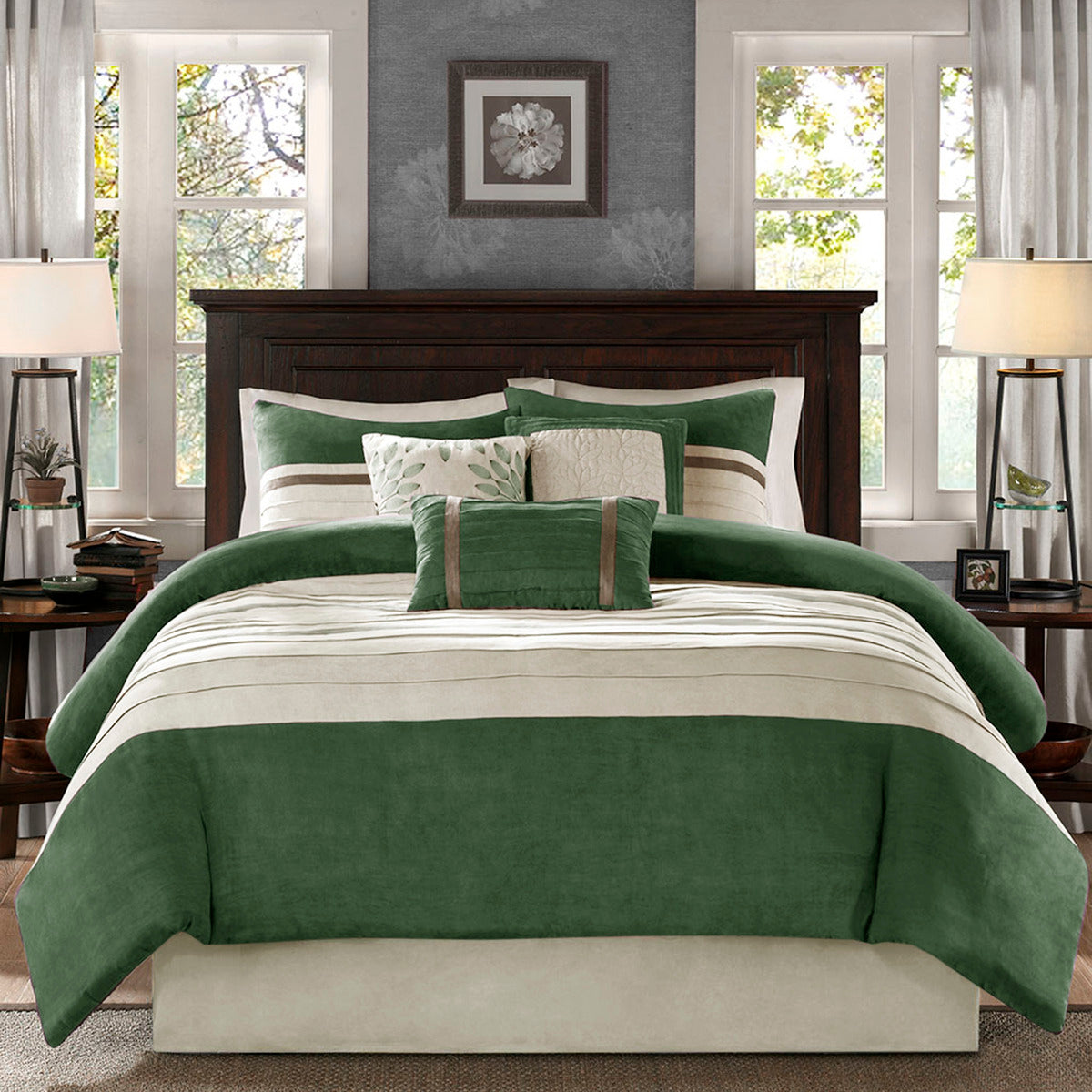 7 Pc Pieced Faux Suede Comforter Set Green Cal King California King Green Polyester