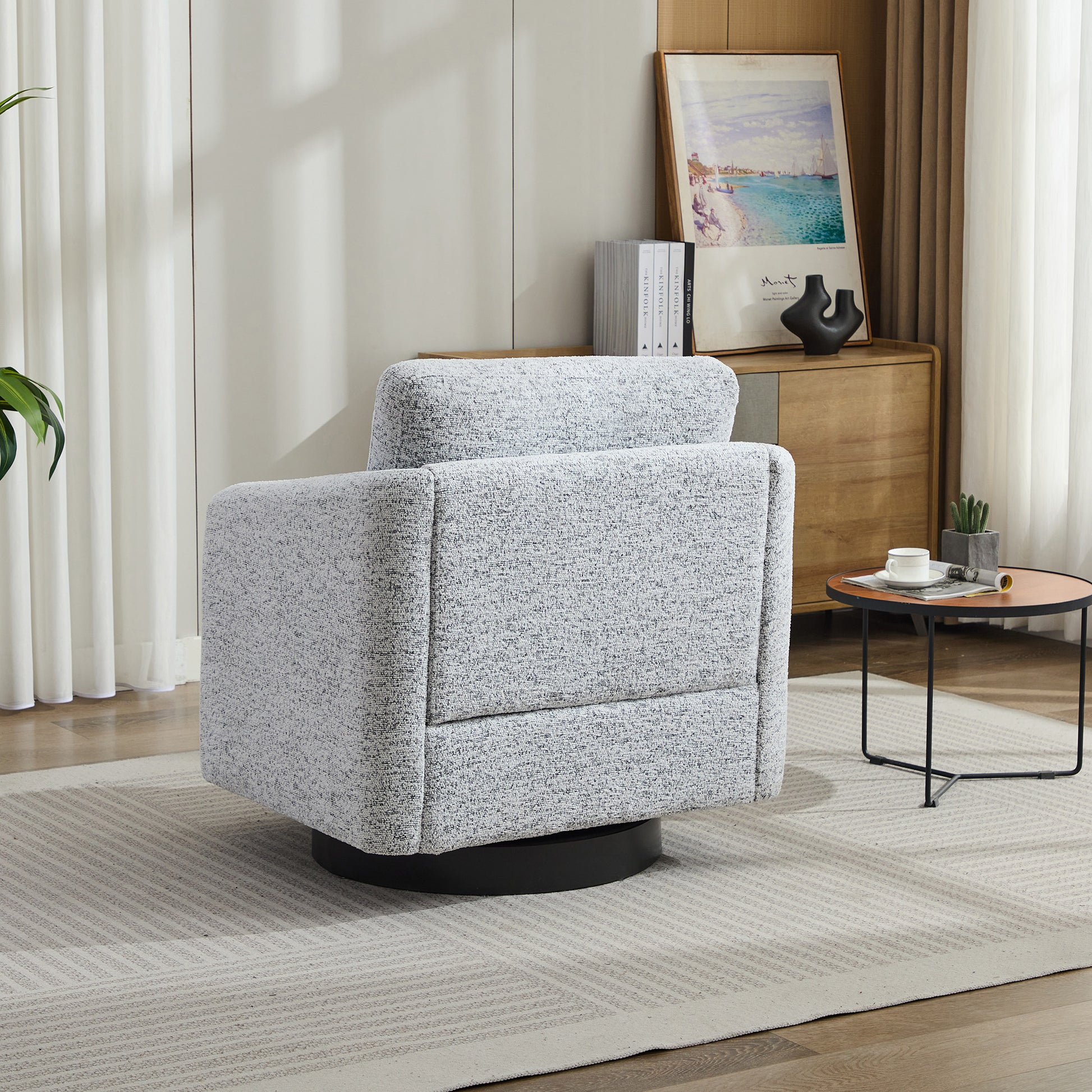 31.5"W Swivel Accent Chair And Comfy Round Accent Single Sofa Chair, 360 Degree Club Chair, Lounge Armchair For Living Room,Bedroom.Nursery.White Black Chenille White Black Chenille