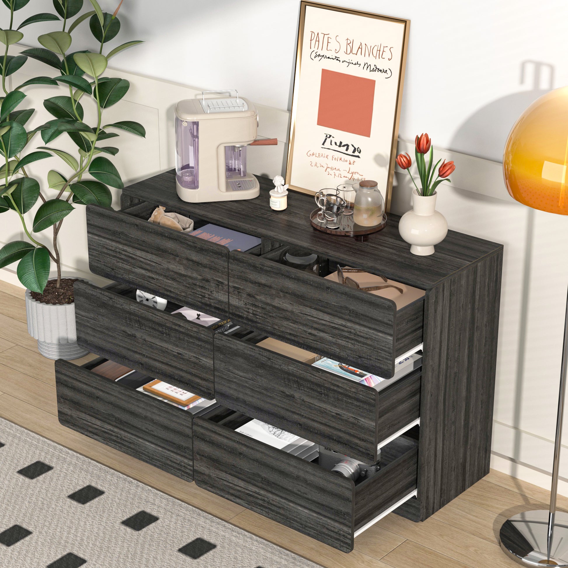 Drawer Dresser Cabinet,Sideboard,Bar Cabinet,Buffet Server Console,Table Storge Cabinets,Flat Out The Corners Of The Drawers,Six Drawers,For Dining Room,Living Room,Bedroom,Kitchen Hallway,Dark Gray