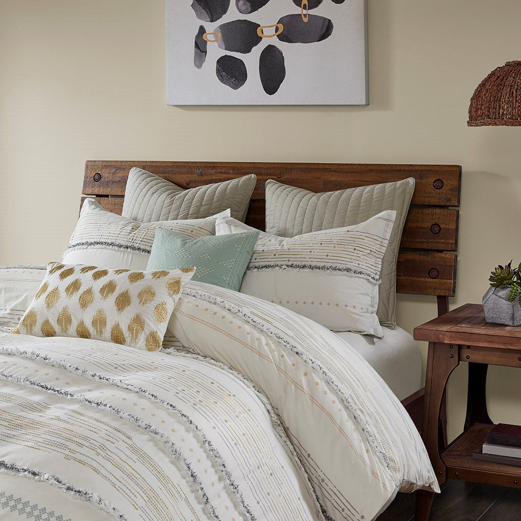 Cotton Printed Comforter Set With Trims Off White Gray King Cal King King Off White Gray Cotton