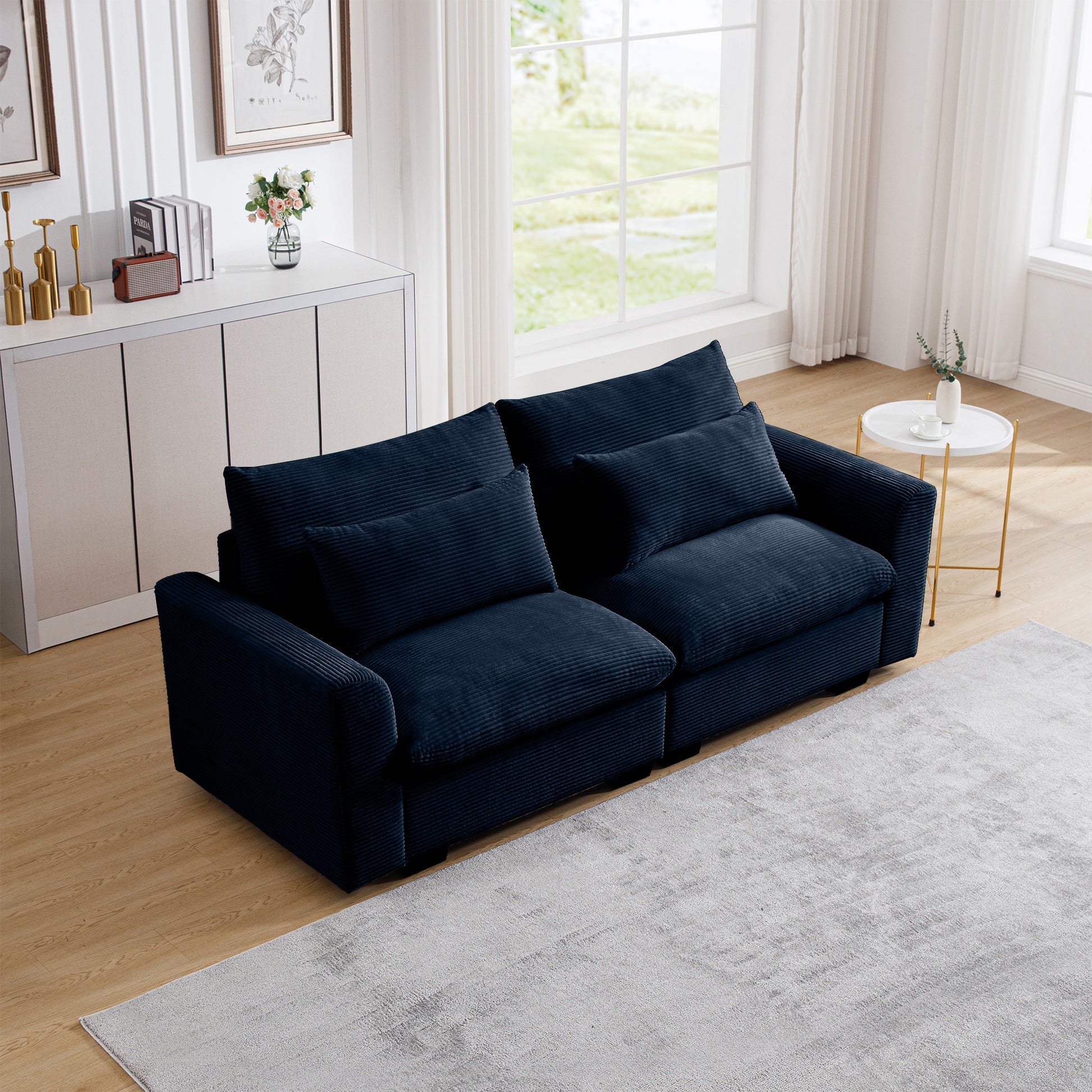 Modern Sofa 2 Seater Corduroy Fabric Sofa With Armrests For Apartment Living Room, Bule Blue Corduroy 2 Seat