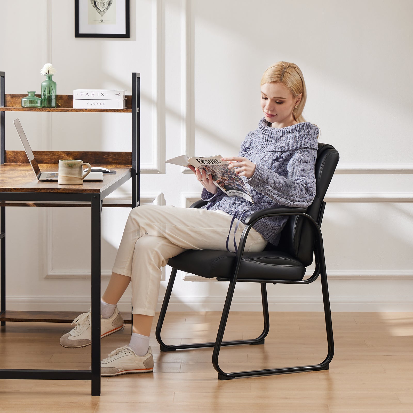Leather Office Guest Chair No Wheels, Comfy Padded Arms And Seld Base, For Reception Conference Room Black Stainless Steel