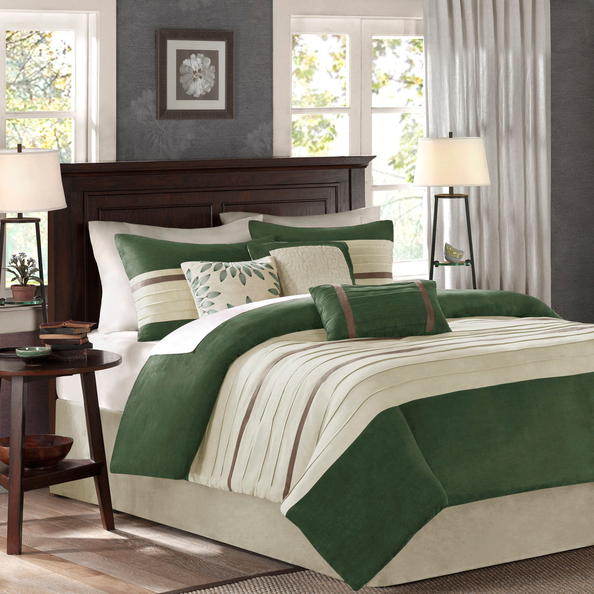 7 Pc Pieced Faux Suede Comforter Set Green Cal King California King Green Polyester