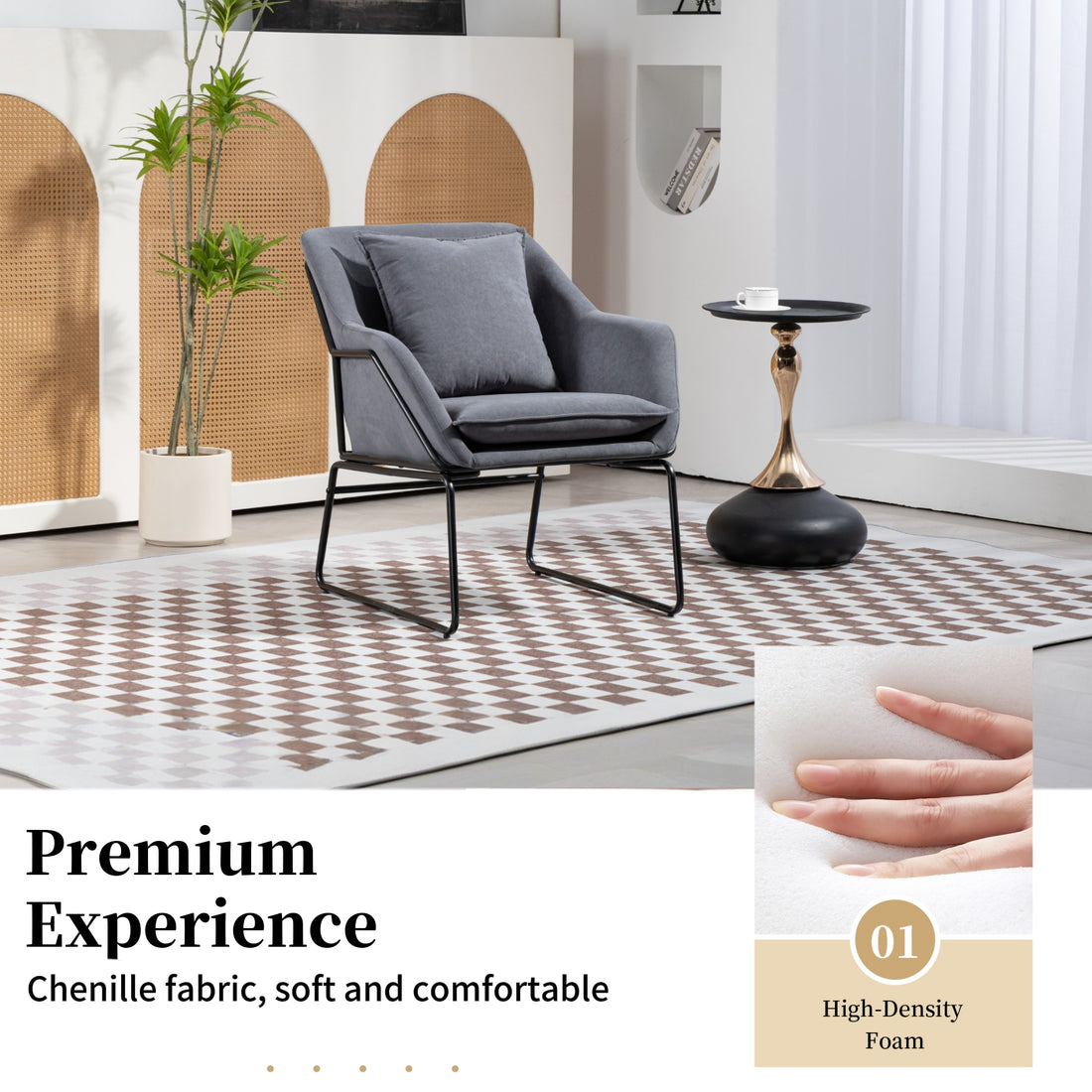 Modern Velvet Desk Chair ,Metal Legs Upholstered Accent Arm Chair For Living Room Bedroom Small Spaces Home Office,Grey Grey Dining Room Foam Velvet