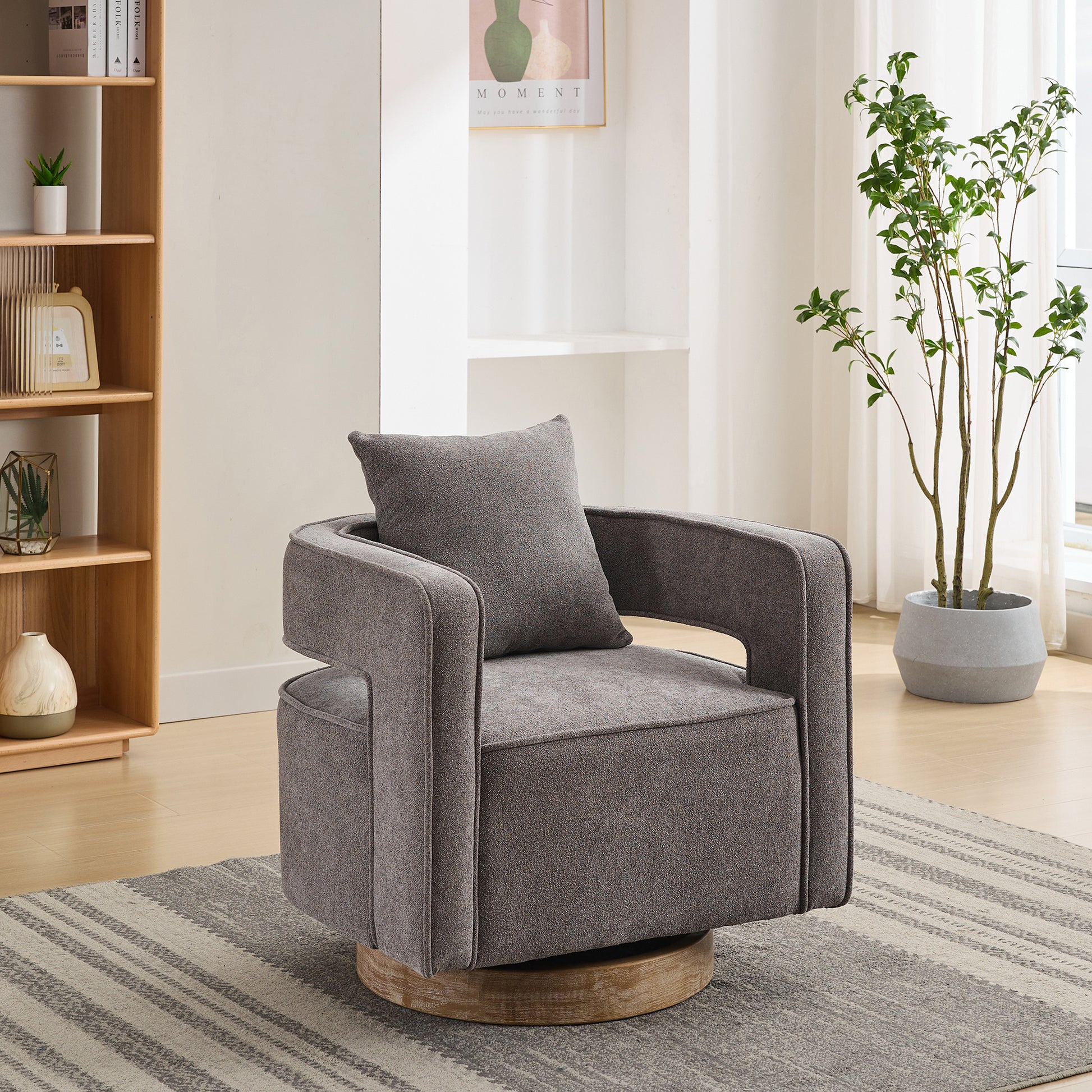29.1"W Swivel Accent Open Back Chair Modern Comfy Sofa Chair With Weathered Base For Nursery Bedroom Living Room Hotel Office, Club Chair Leisure Arm Chair For Lounge Charcoal,Linen Blend Charcoal Linen Blend
