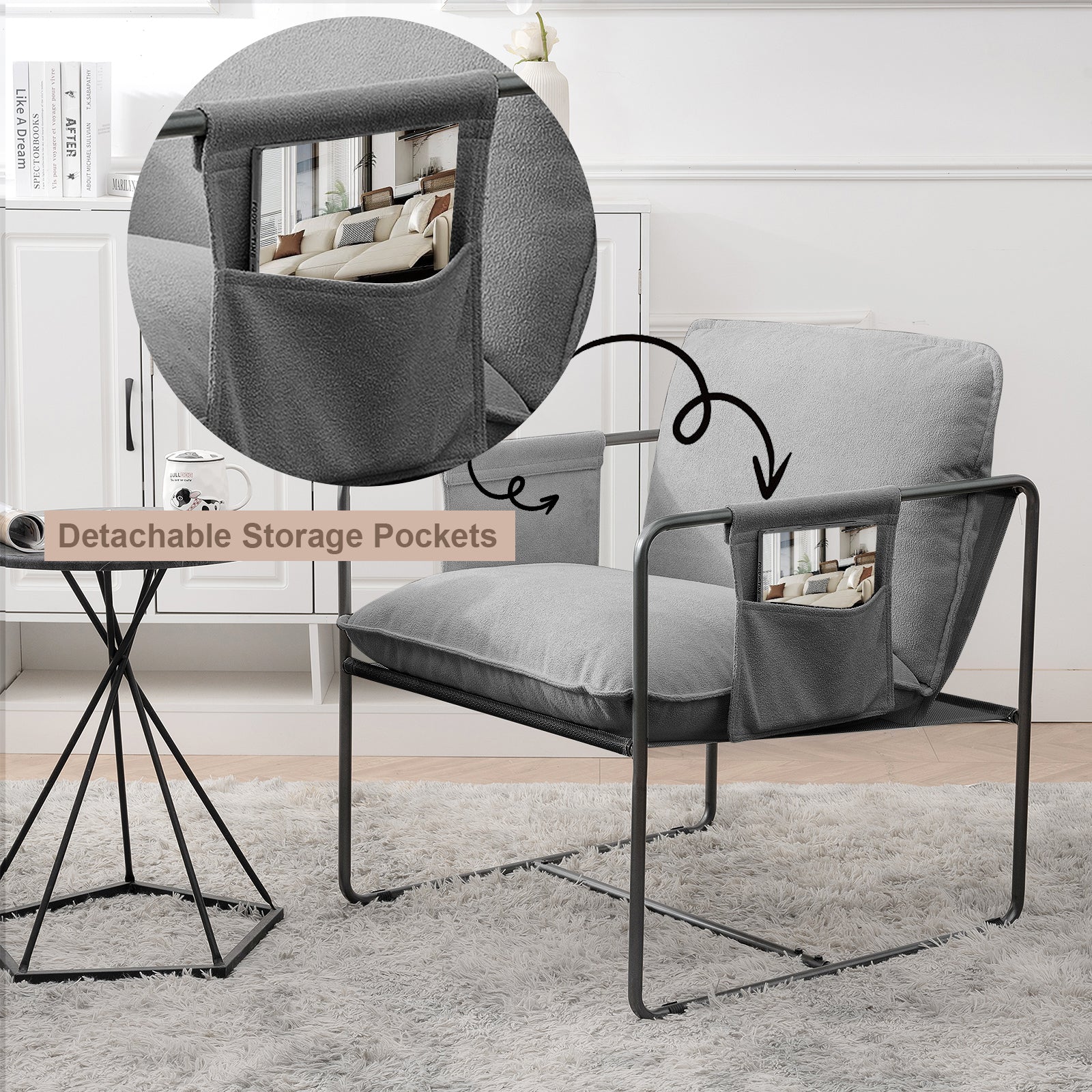 2 Sets 1 Case, Upholstered Hanging Armchair With Arm Pocket Metal Frame, Crushed Foamcushions And Skin Friendly Braid For Living Room And Bedroom. Grey Color Grey Foam Polyester