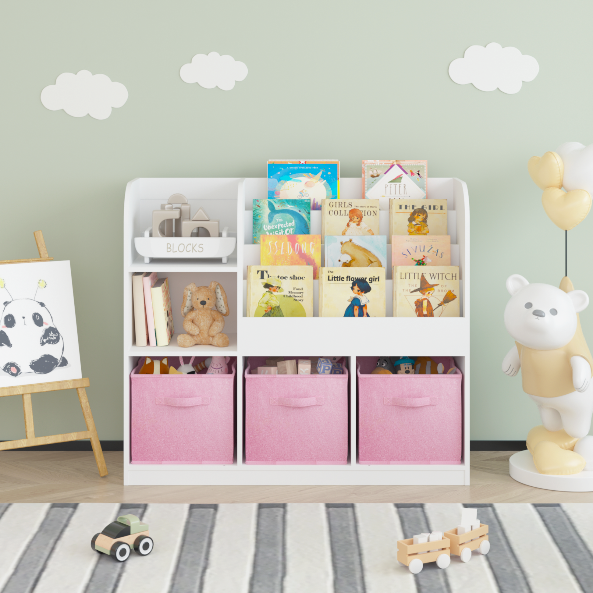 Kids Bookcase And Bookshelf, Multifunctional Bookcase With 3 Collapsible Fabric Drawers, Bookcase Display Stand, Toy Storage Organizer For Bedroom, Playroom, Hallway White Pink White Pink Fabric,Mdf