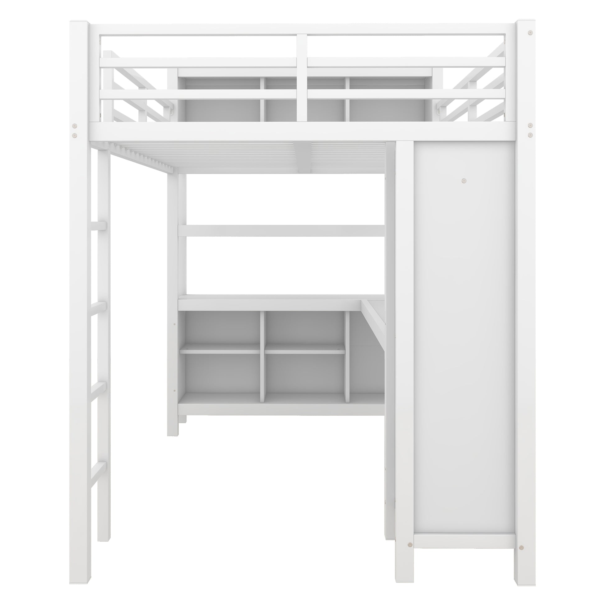 Metal Loft Bed With Wardrobe And L Shaped Desk, Full Size Loft Bed With Storage Cubes And Shelves, Heavy Duty Loft Bed For Kids Teens Adults, White Full Off White Metal