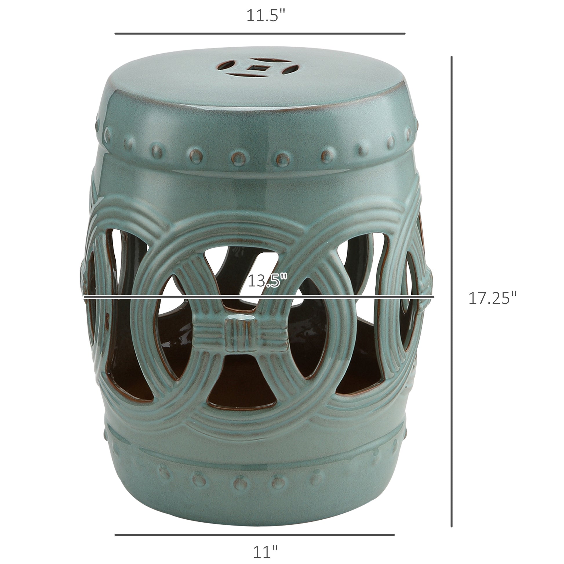 Outsunny 14" X 17" Ceramic Garden Stool With Double Coin Knotted Ring Design & Strong Glazed Material, Decorative End Table, Home Collection, Antique Blue Green Porcelain