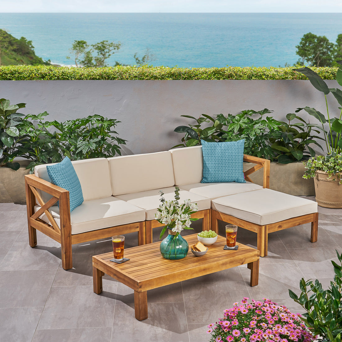 Alcove Lshape Sofa Set, Beige Beige Seats 4 Acacia Wood