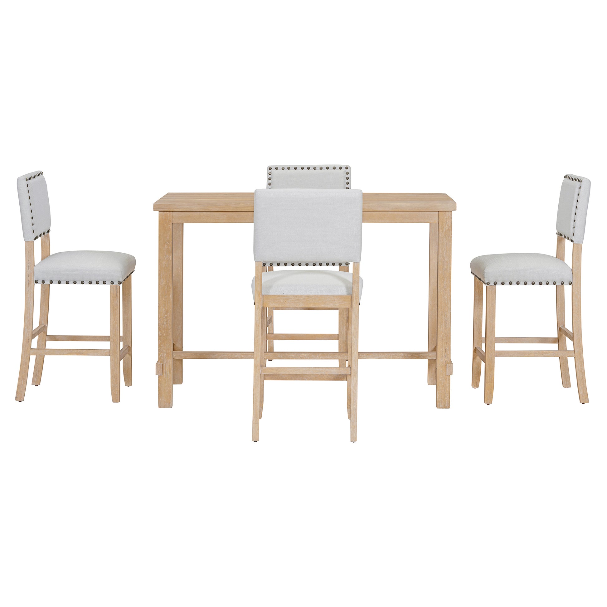 5 Piece Counter Height Dining Set, Classic Elegant Table And 4 Chairs In Natural Wood Wash Natural Wood Wash Solid Wood