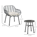 Outsunny 3 Piece Patio Set, Outdoor Bistro Furniture, Pe Rattan Wicker Table And Chairs, Cushioned, Hand Woven, Modern Look With Tempered Glass For Garden, Porch, Pool, Backyard, Cream White Gray White Matte Steel