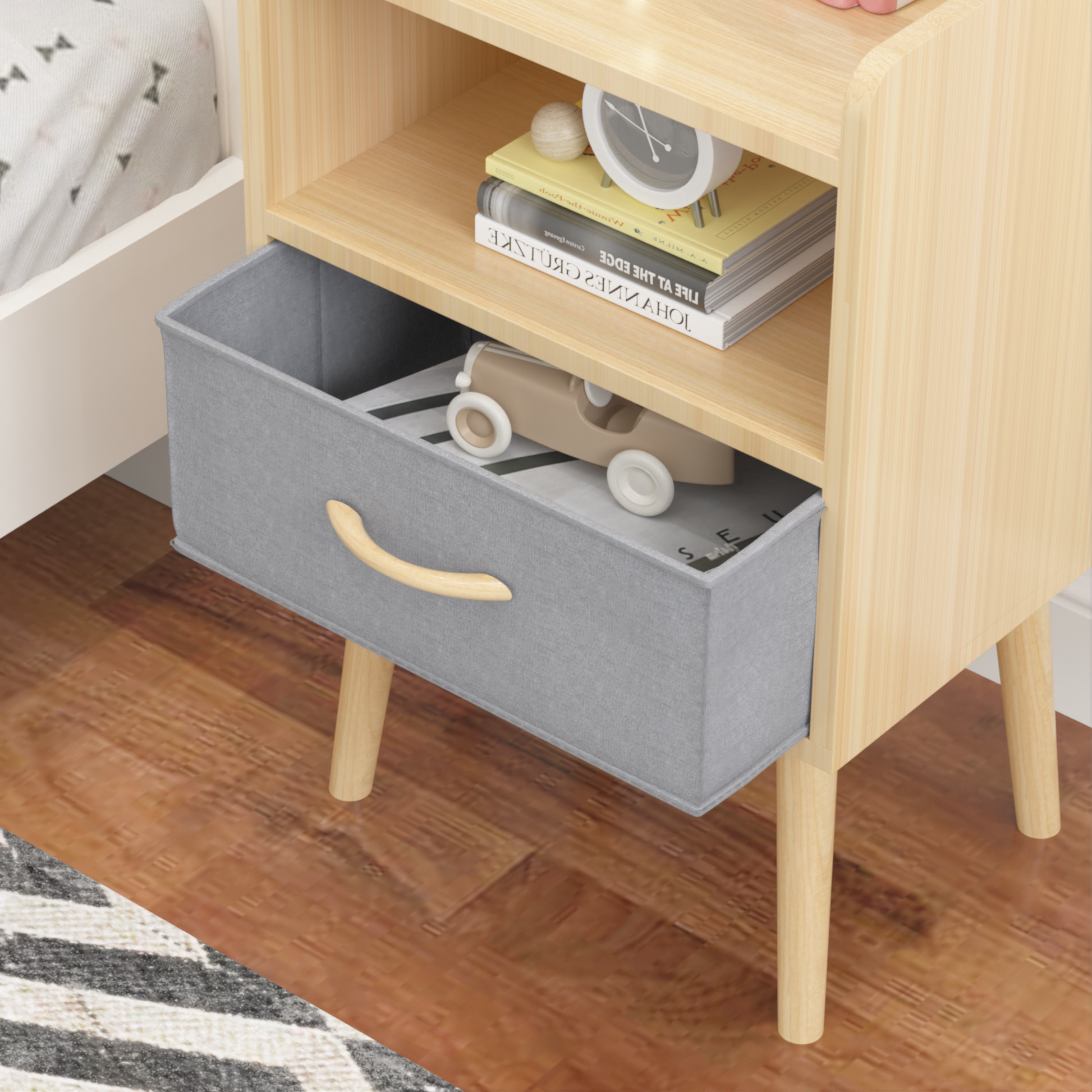 2Pc Nightstand With Collapsible Fabric Drawer, 2 Tier Storage End Table, Wood Side Table With Storage Cabinet For Bedroom, Living Room Oak Oak Engineered Wood