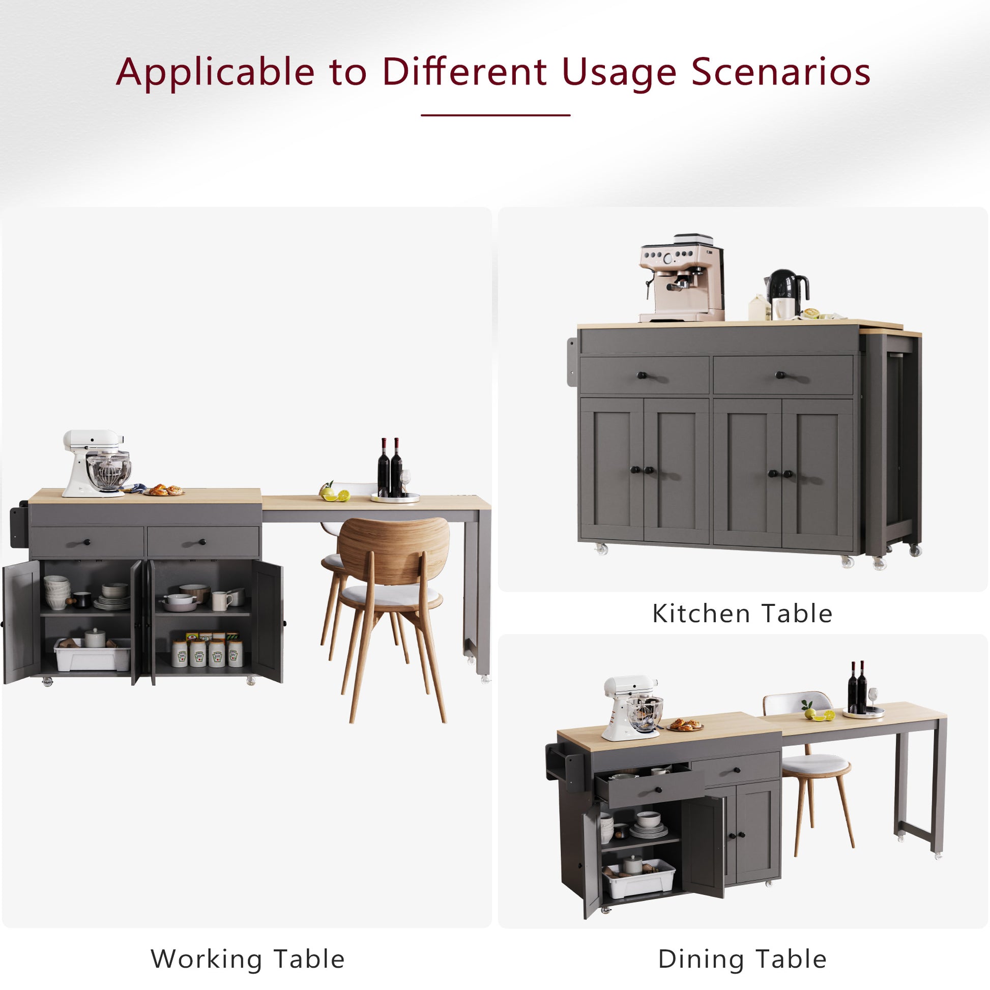 K&K 74.5 Inch Kitchen Island With Extendable Dining Tablerolling Kitchen Island On Wheels With Spice Rack And 2 Drawers, Kitchen Storage Cart With 4 Door Cabinet, For Kitchen, Dining Room, Grey Grey