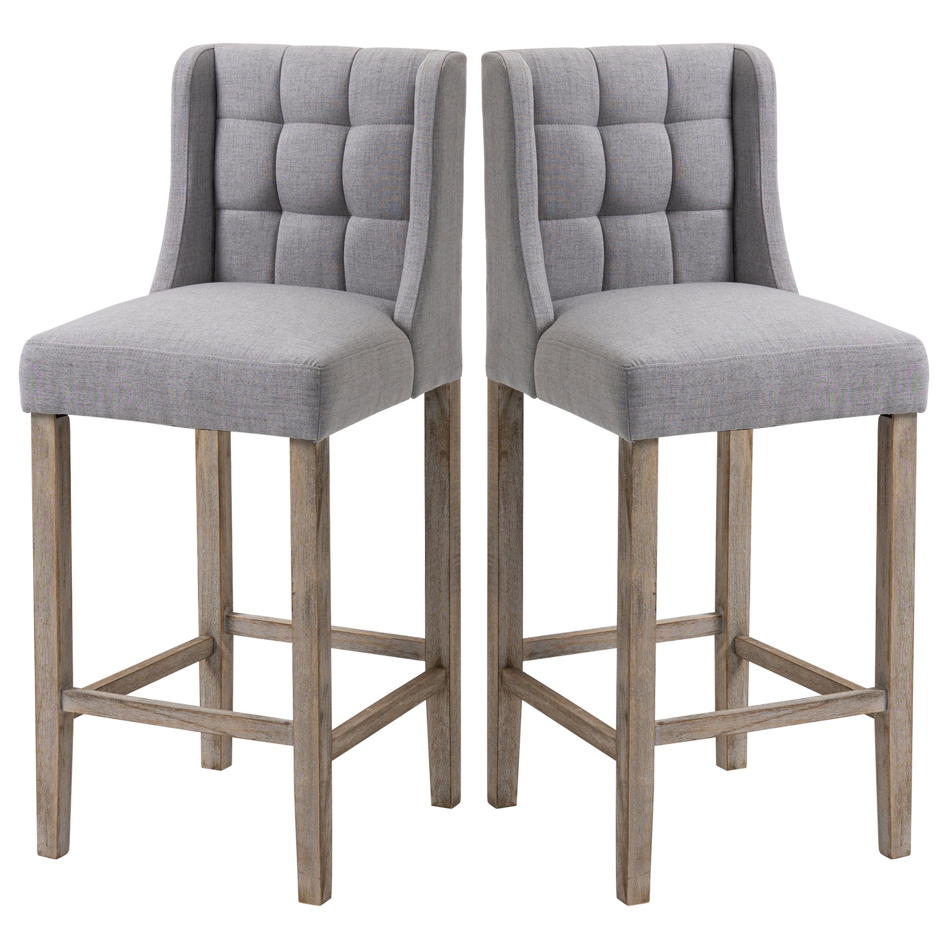 Homcom Modern Bar Stools, Tufted Upholstered Barstools, Pub Chairs With Back, Rubber Wood Legs For Kitchen, Dinning Room, Set Of 2, Grey Grey Rubber Wood