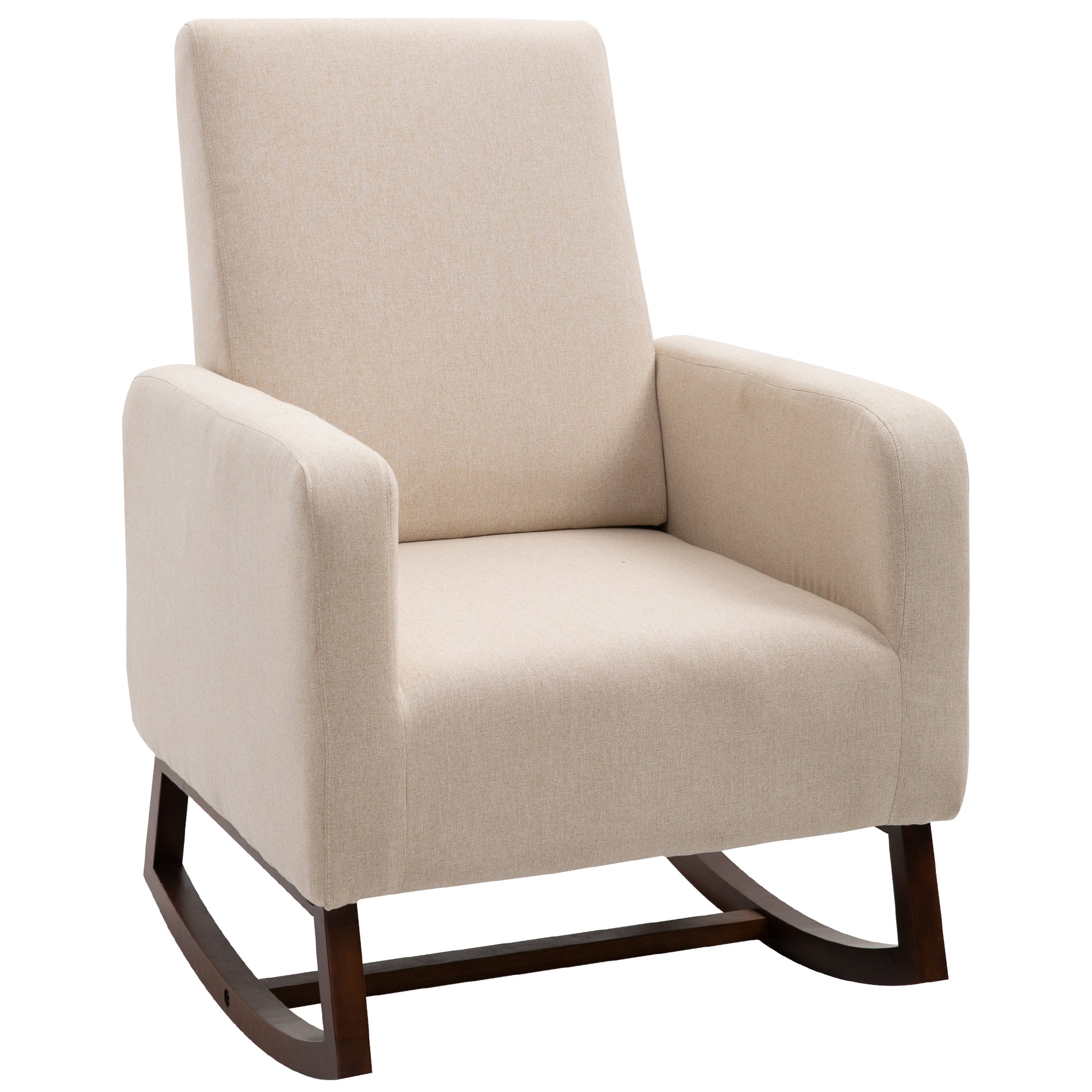 Homcom Accent Lounge Rocking Chair With Solid Curved Wood Base And Linen Padded Seat, Cream White Cream White Linen