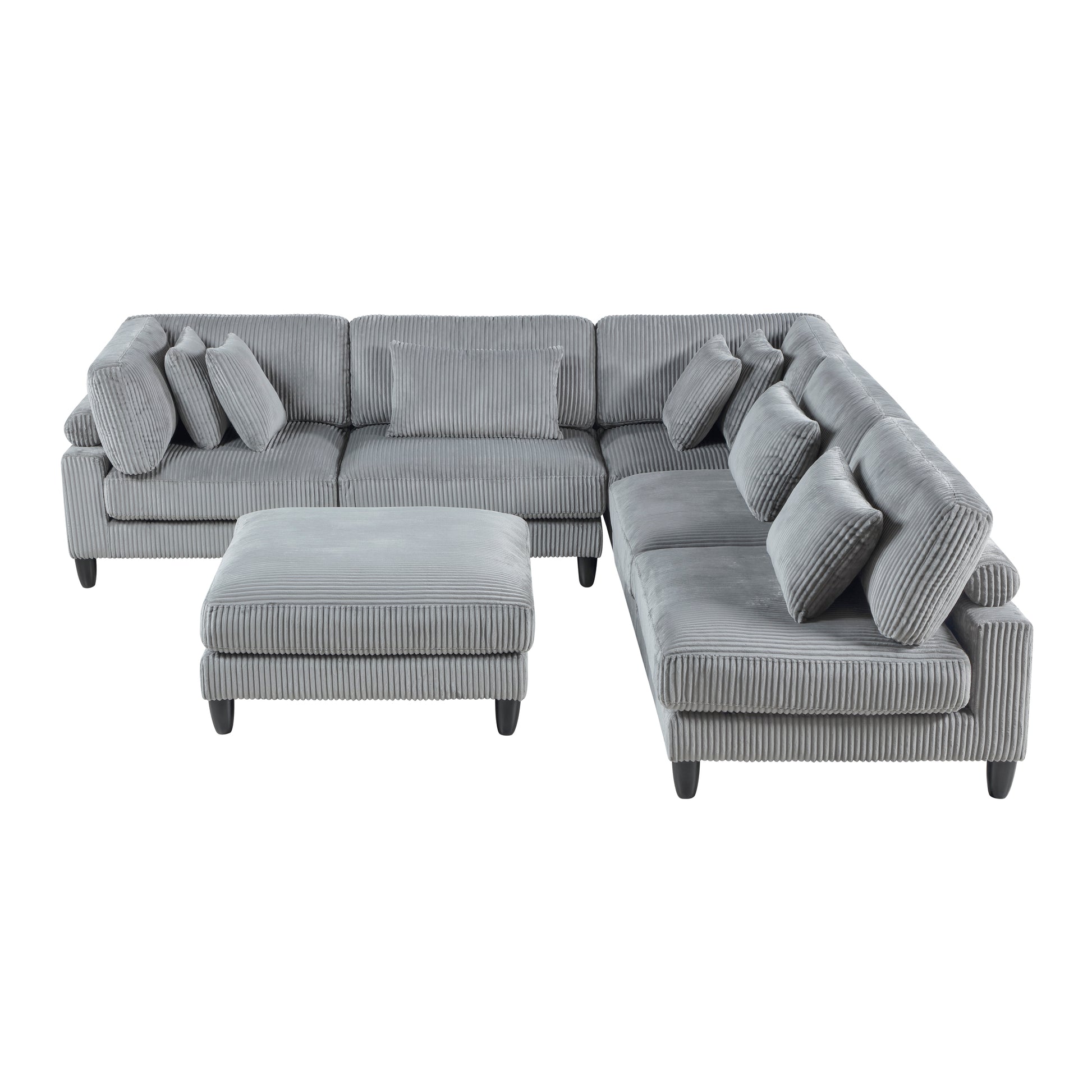 6Pc Modular Sectional Set Gray Corduroy Upholstery 3X Armless Chairs 2X Corner Seats 1X Ottoman Pillows Living Room Furniture Gray Corduroy Wood Primary Living Space Contemporary,Modern Modular