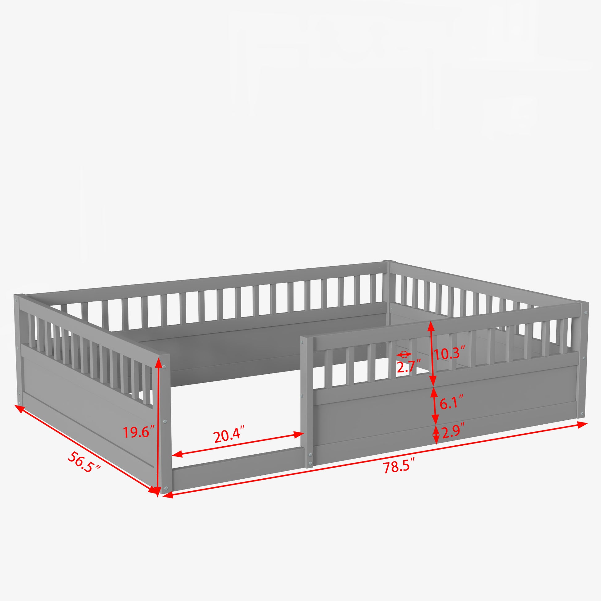 Full Floor Bed Frame With Fence, Wood Kids Floor Beds Frame For Bedroom Playroom,Gray Expect Arrive Date Jul. 10Th Full Grey Pine