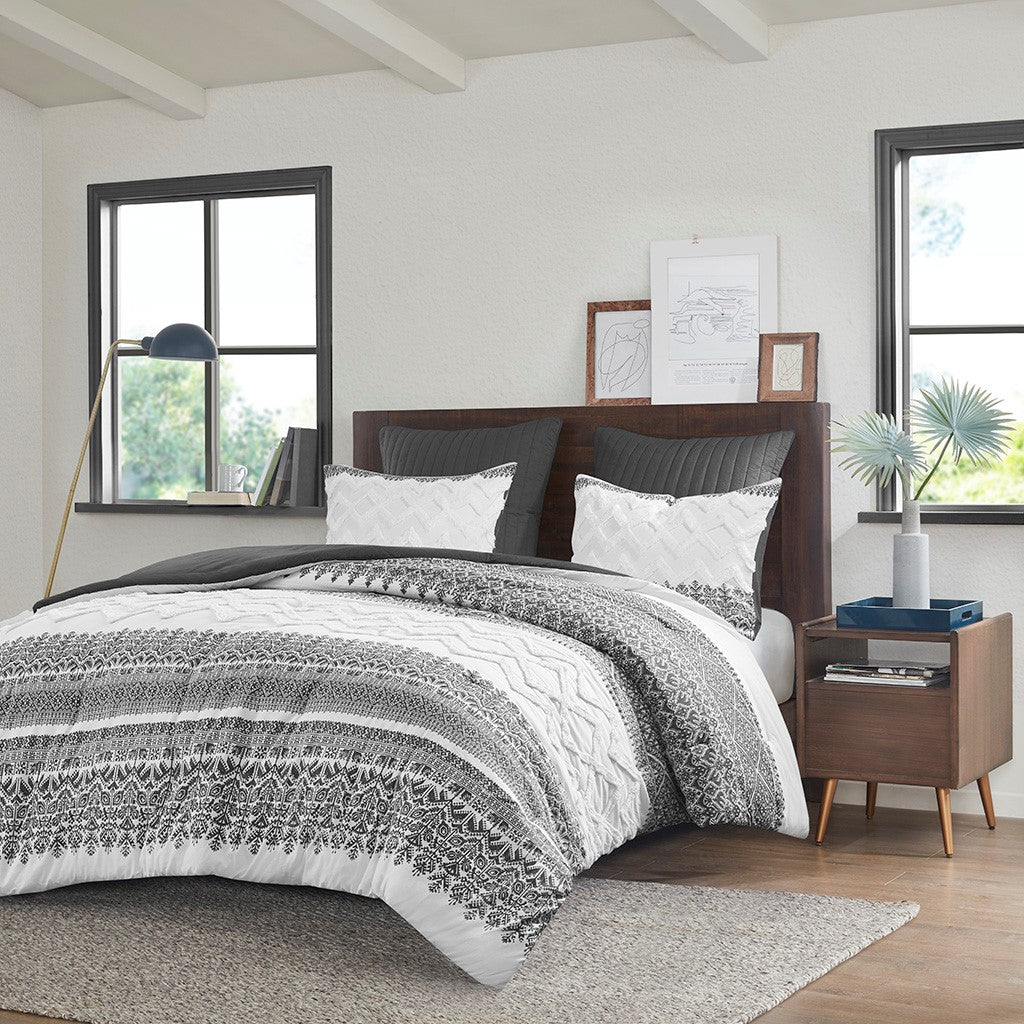 3 Piece Cotton Comforter Set With Chenille Tufting Gray Full Queen Queen Gray Cotton