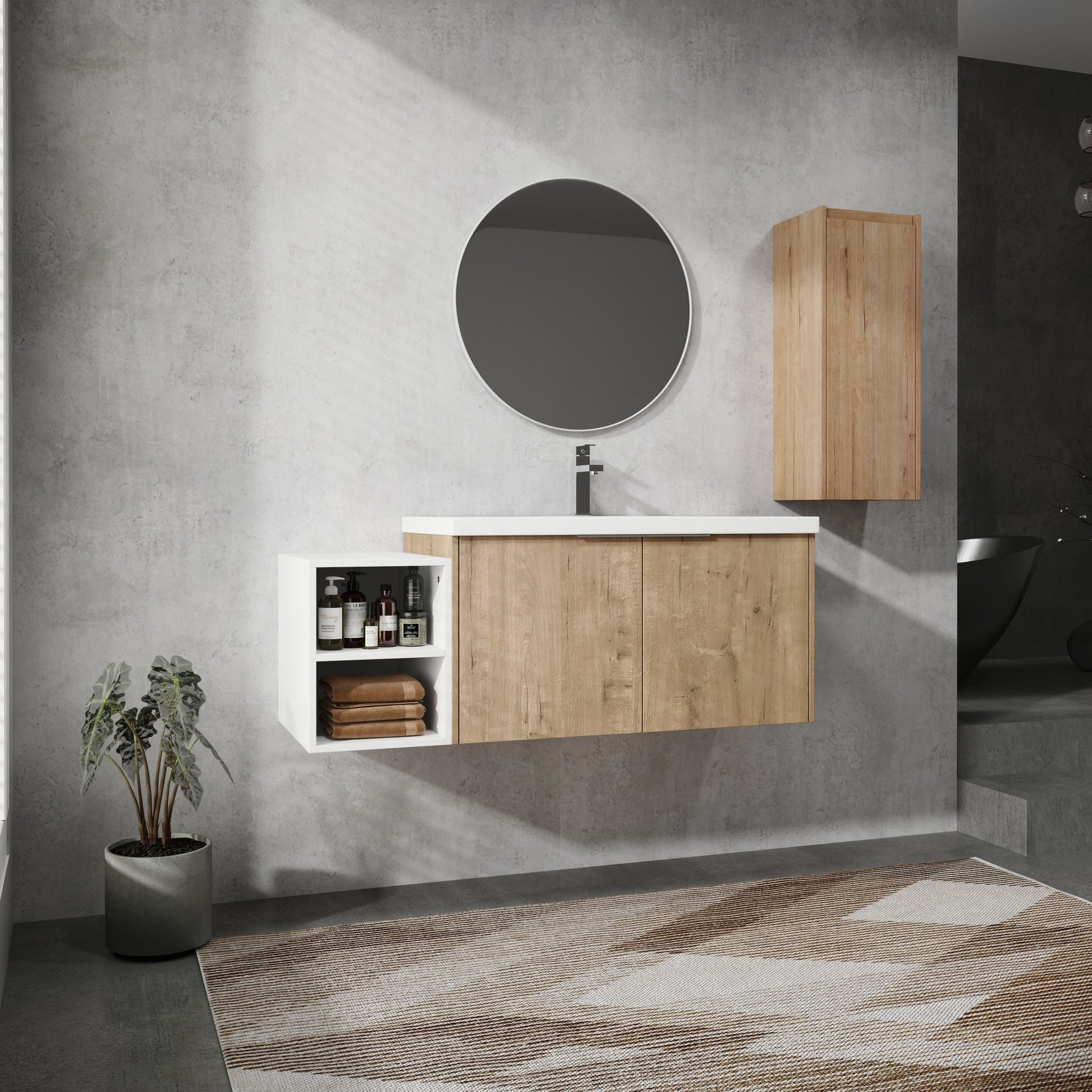 48" Wall Mounted Bathroom Vanity With Sink And Side Cabinet, Soft Close Doors,00112Imo 0636Imo 0612Gwh Combination Cabinet Kd Packing Imitative Oak Bathroom Modern Plywood Plywood