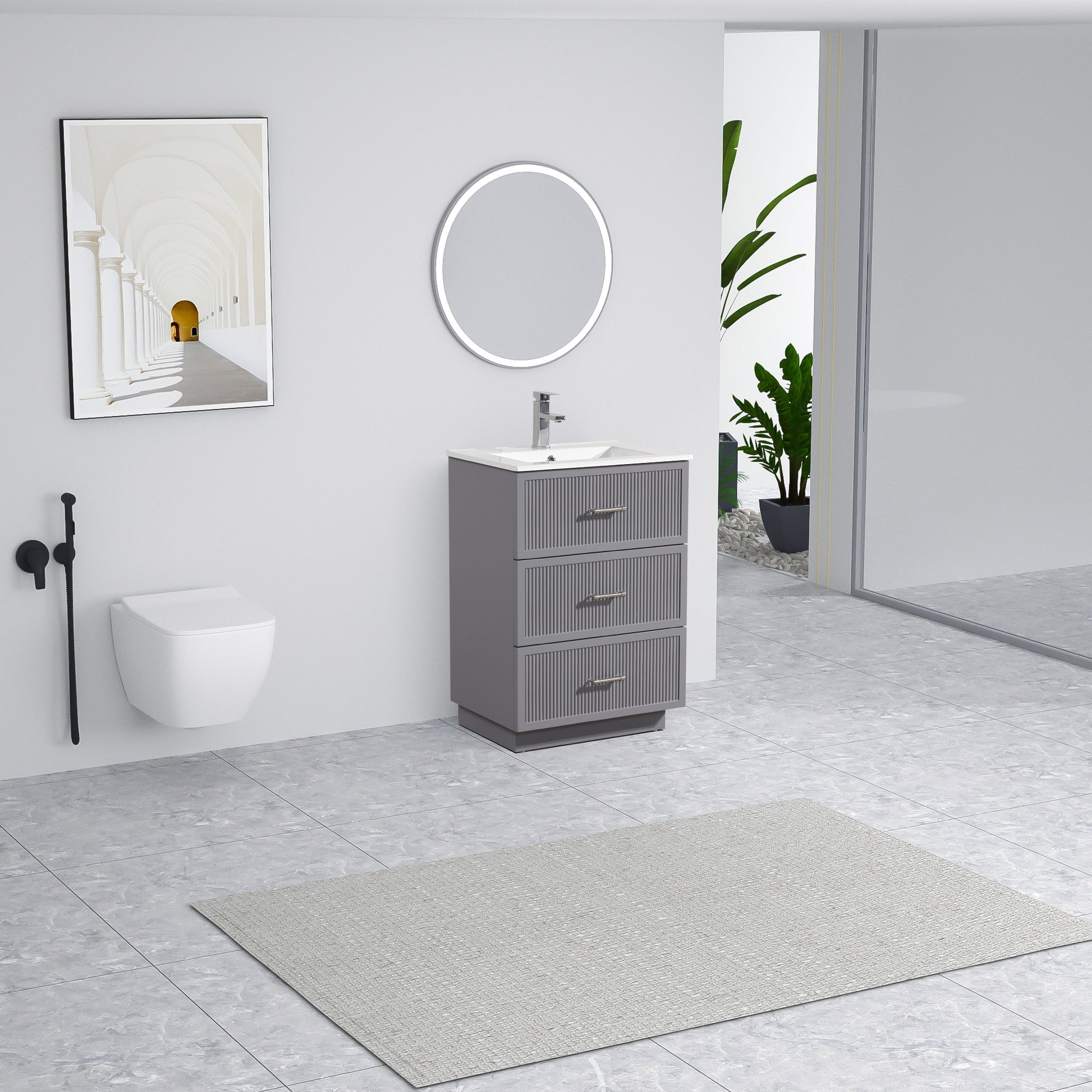 24 Inch Bathroom Vanity With Ceramic Sink Set, Modern Freestanding Bathroom Storage Cabinet With 2 Drawers, Floor Standing Bath Vanity Combo, Gray Grey Mdf