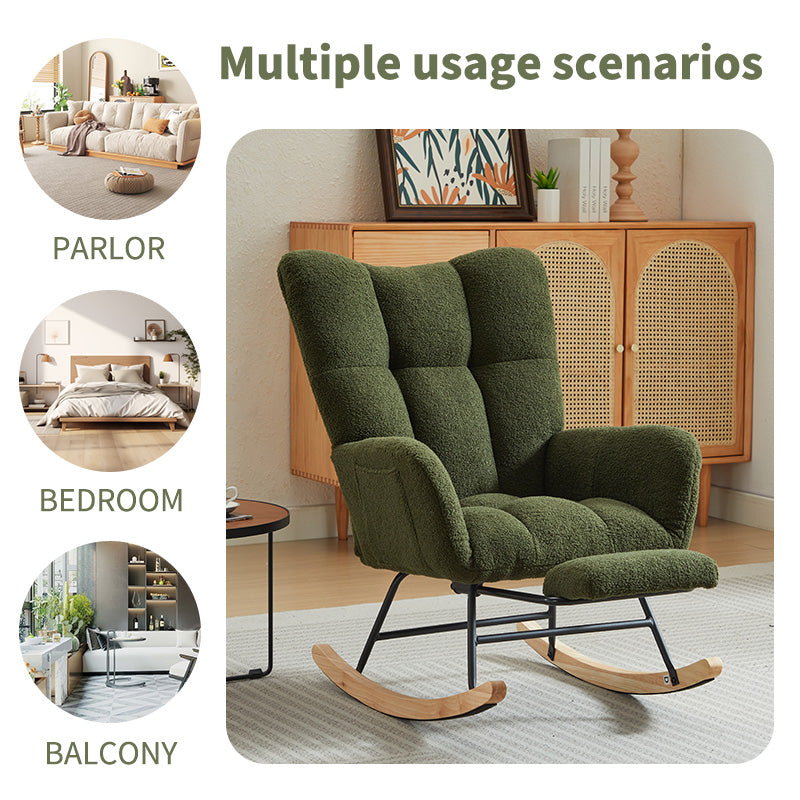 Modern Nursery Rocking Chair, Upholstered Glider Chair With High Backrest, Rocker Accent Armchair With Solid Wood Legs For Nursery Bedroom Living Room Drak Green Dark Green Teddy