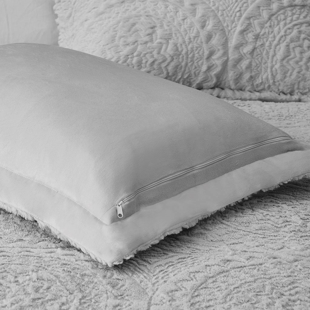 Embroidered Medallion Faux Fur Ultra Plush Comforter Mini Set Twin Grey Polyester