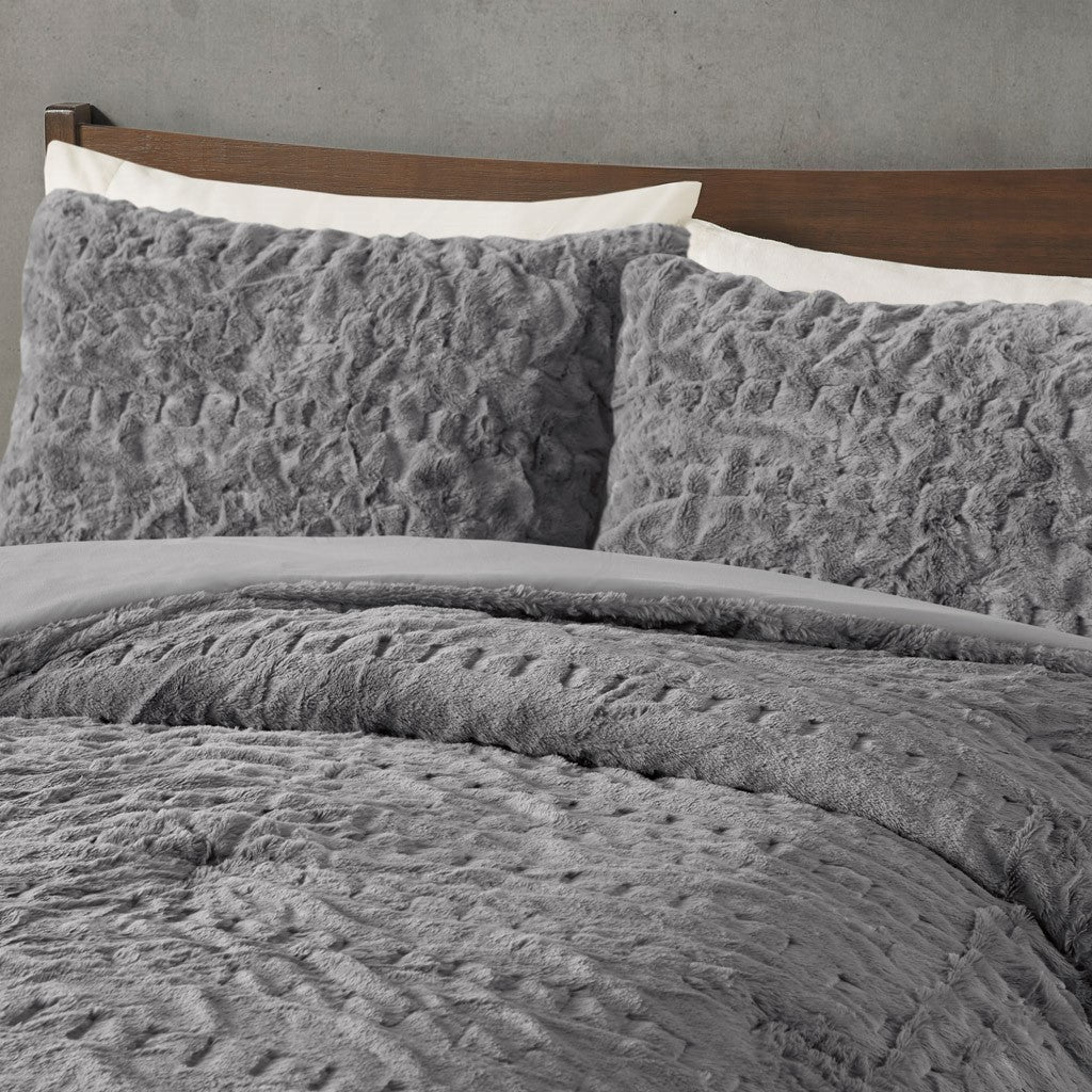 Ruched Fur Down Alternative Comforter Set Queen Grey Polyester